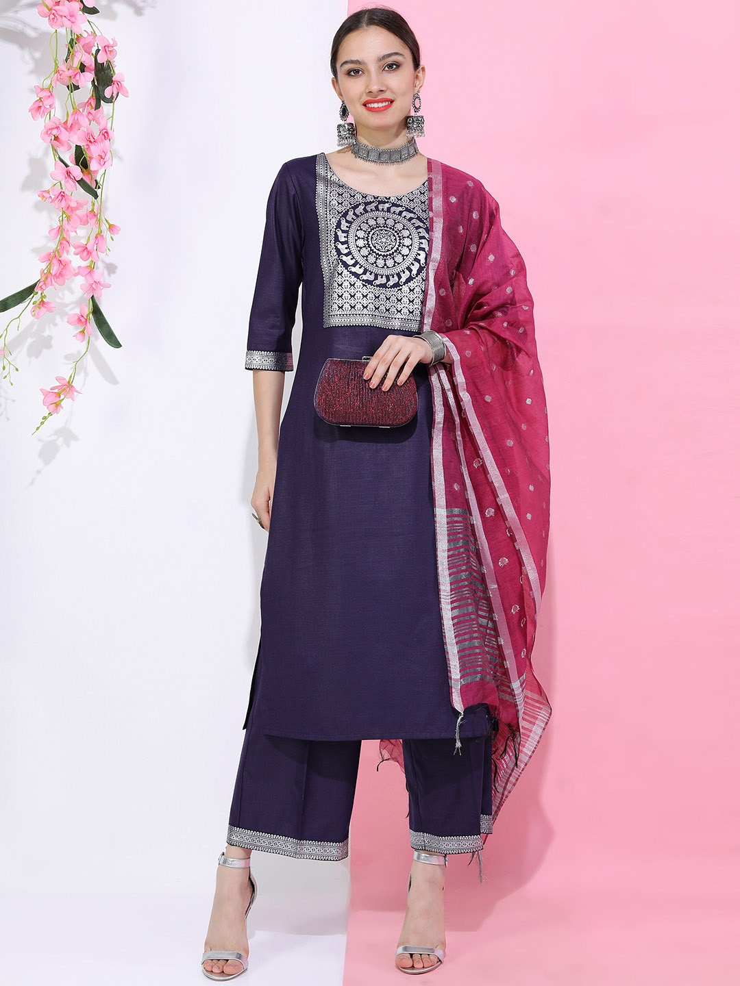 

Vishudh Women Purple Floral Kurti with Salwar & With Dupatta