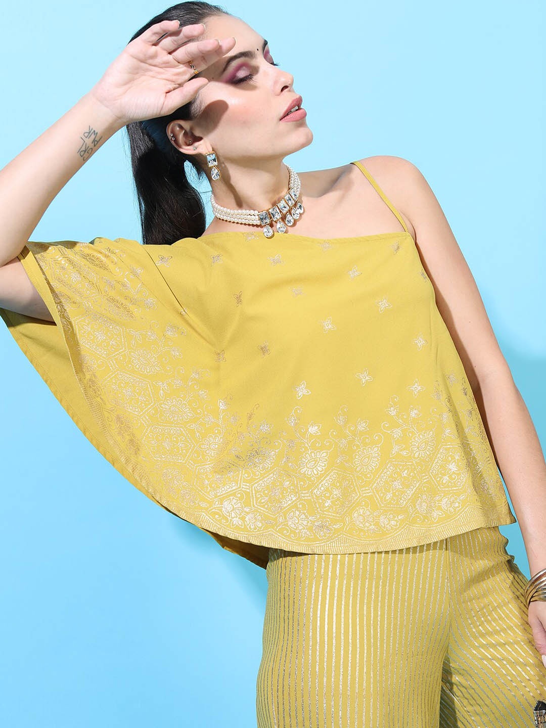 

Vishudh Women Yellow Ethnic Motifs One-Shoulder Top with Palazzos