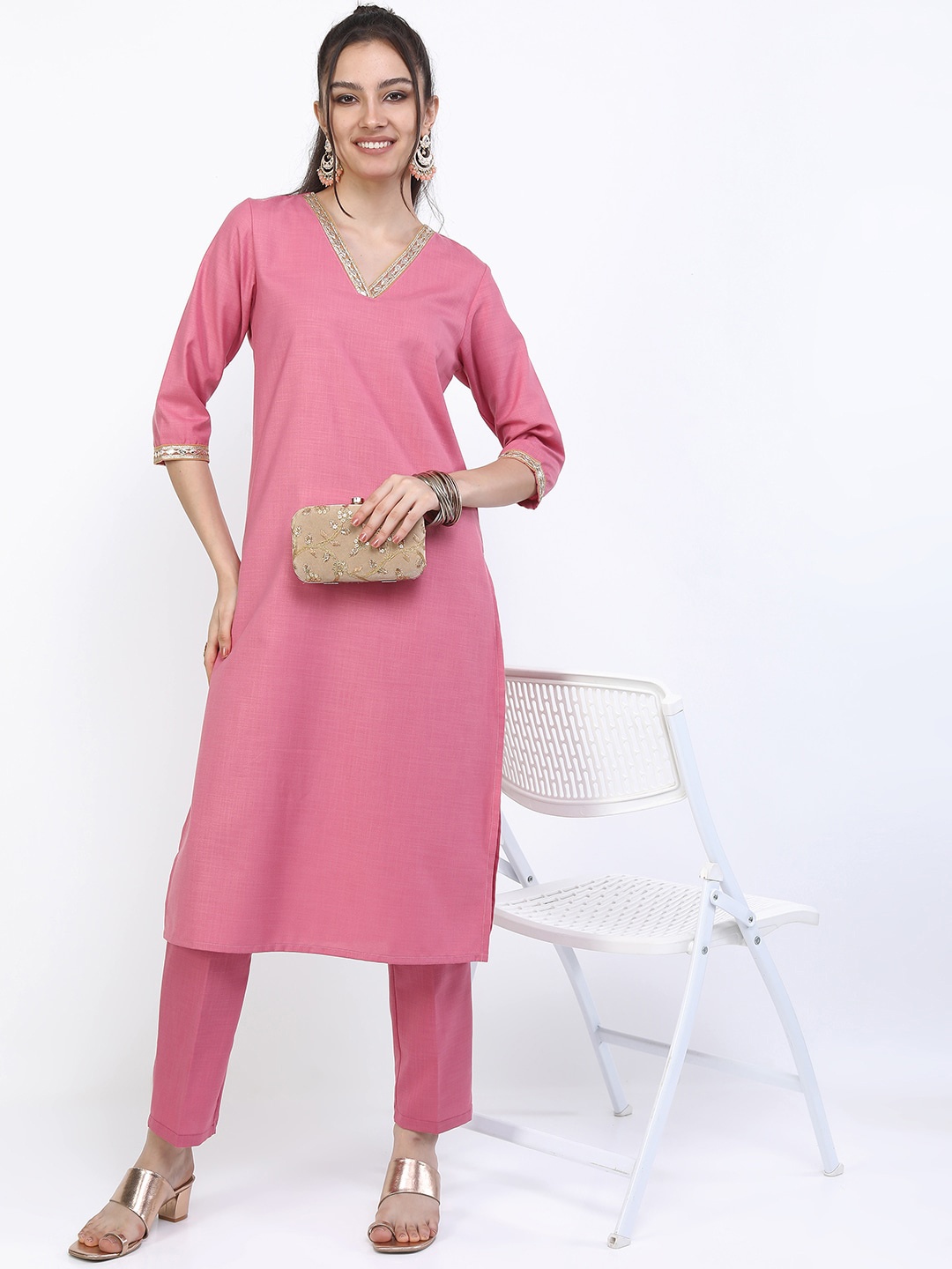 

Vishudh Women Coral Kurta with Trousers