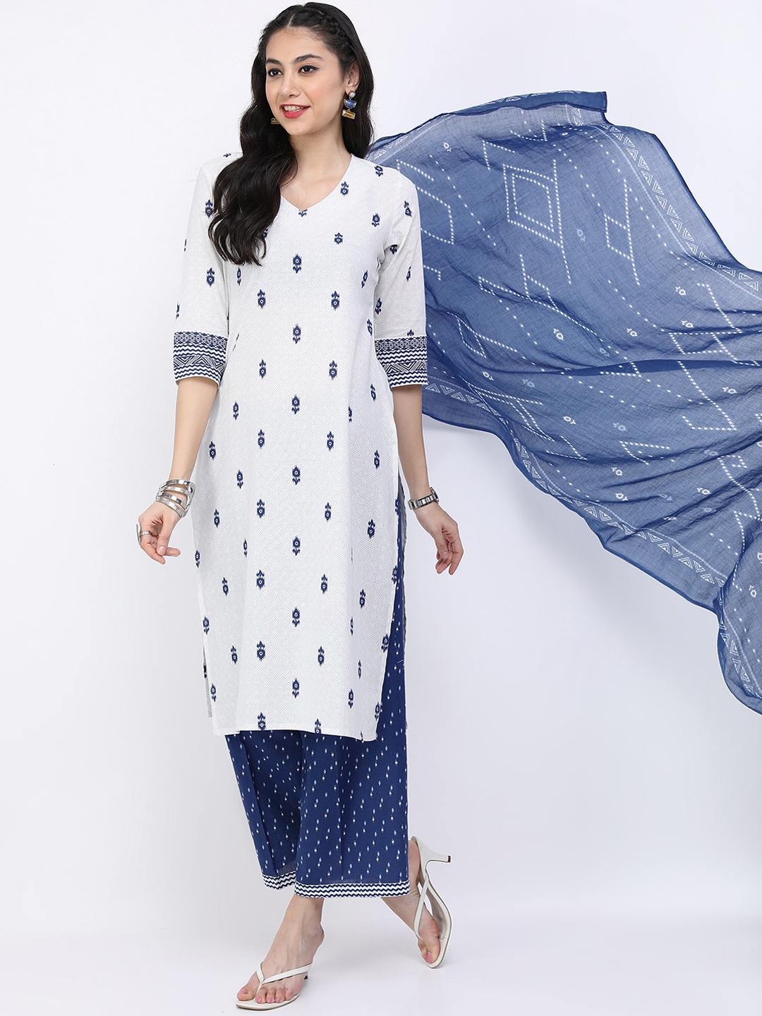 

Vishudh Women Off White Ethnic Motifs Printed Pure Cotton Kurta with Palazzos & With Dupatta