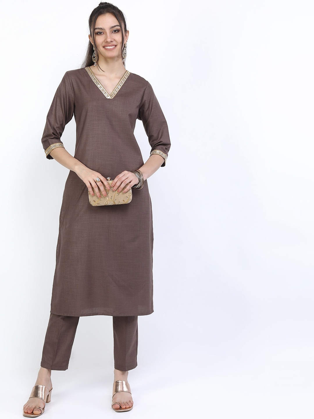 

Vishudh Women Brown Ethnic Motifs Yoke Design Kurta with Trousers