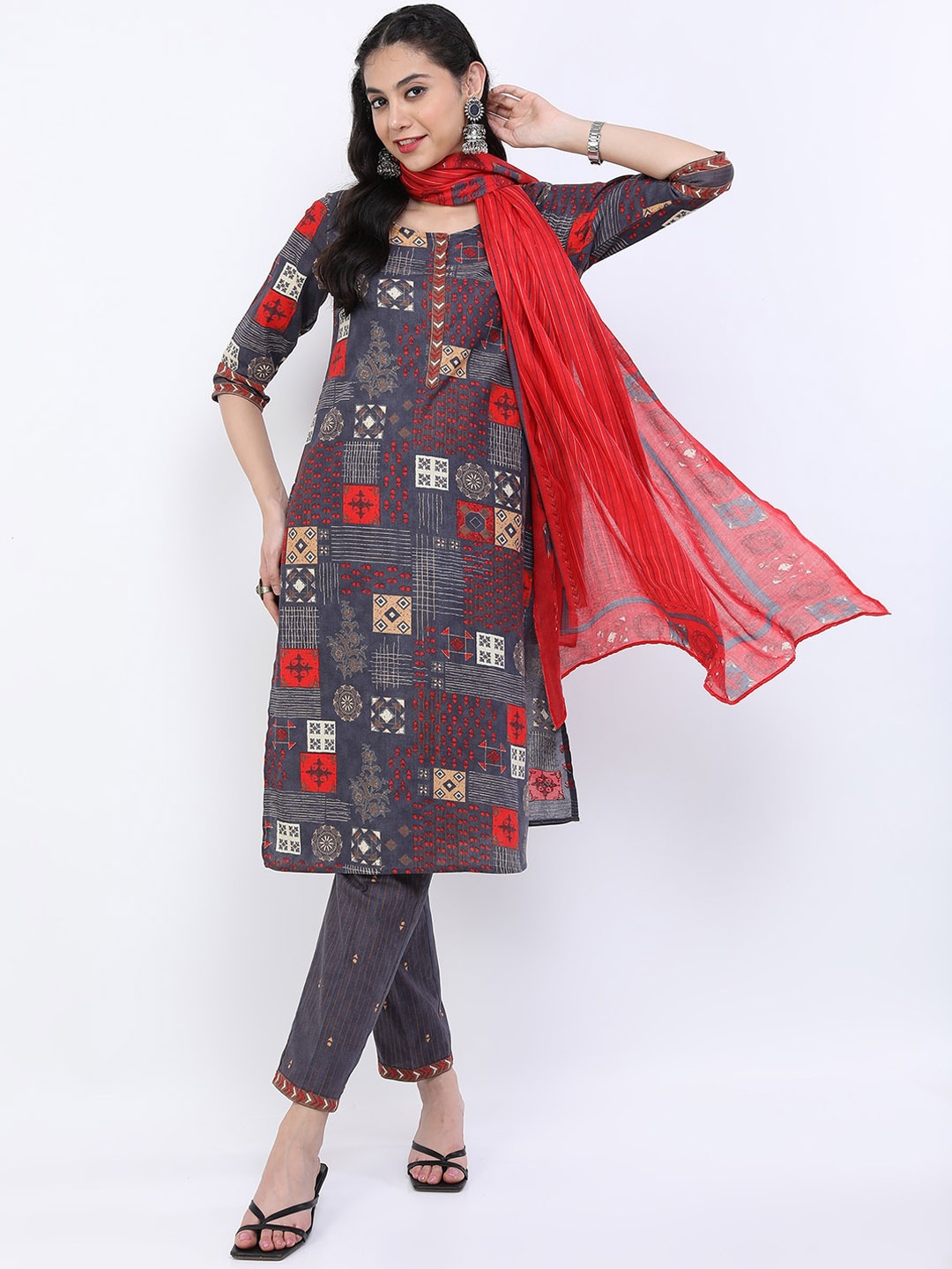 

Vishudh Women Grey Striped Pure Cotton Kurta with Trousers & With Dupatta