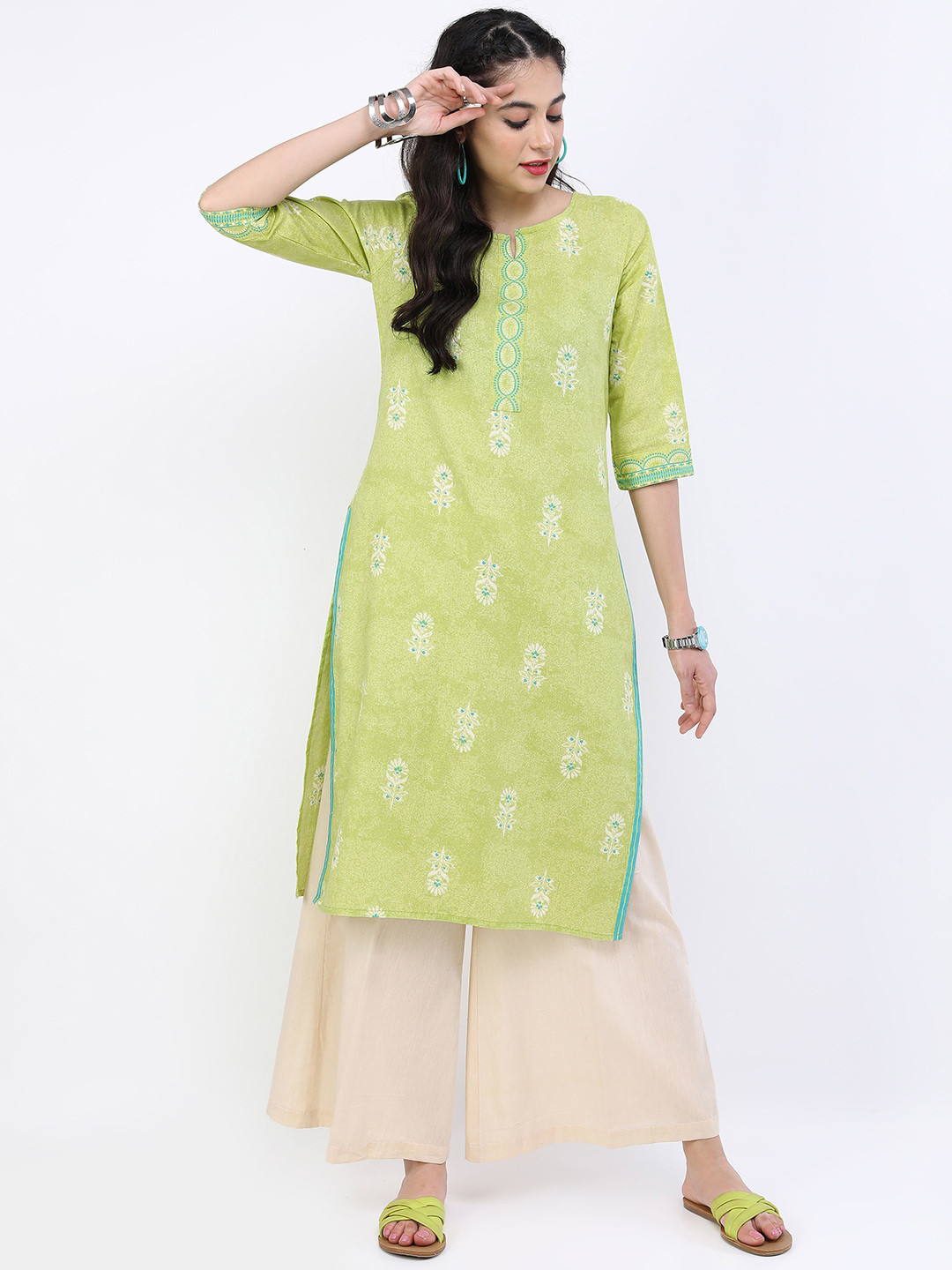 

Vishudh Women Lime Green Ethnic Motifs Printed Kurta