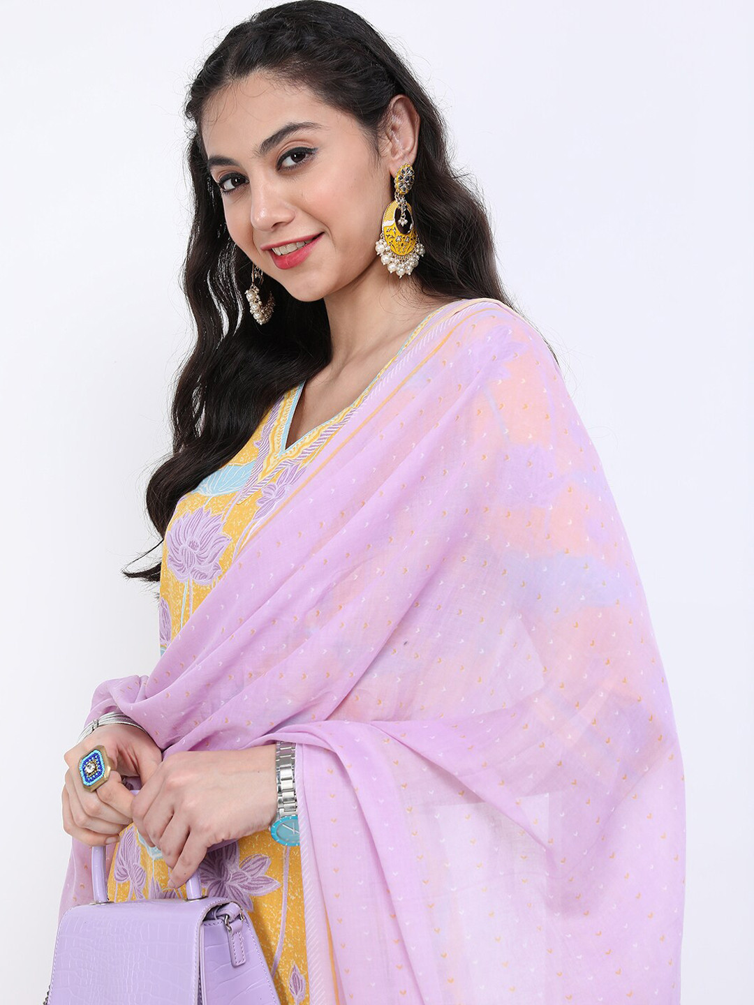 

Vishudh Women Yellow Floral Printed Pure Cotton Kurta with Trousers & With Dupatta