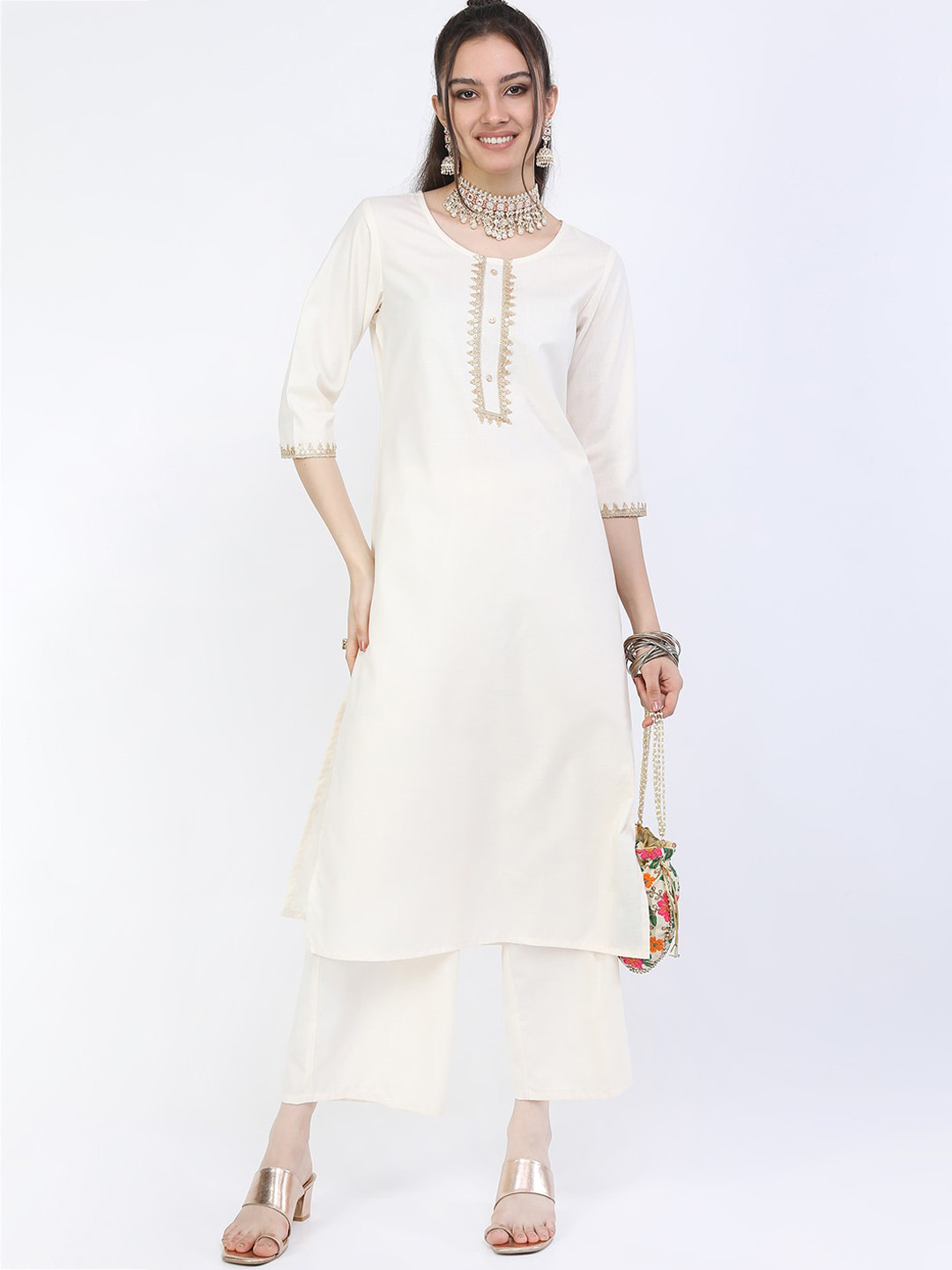

Vishudh Women Cream-Coloured Kurta with Palazzos