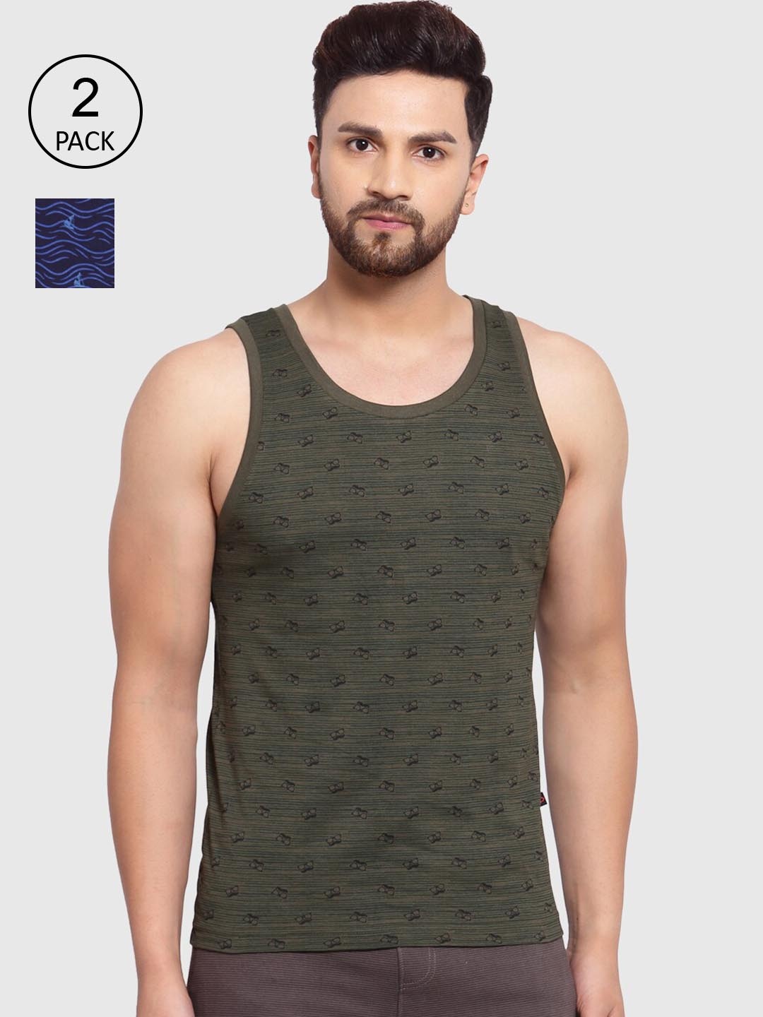 

SPORTO Men Pack Of 2 Navy Blue & Olive Green Printed Cotton Innerwear Gym Vests