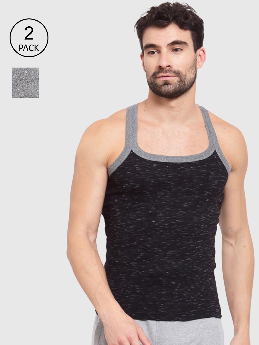 

SPORTO Men Pack Of 2 Black & Grey Pure Cotton Innerwear Gym Vests