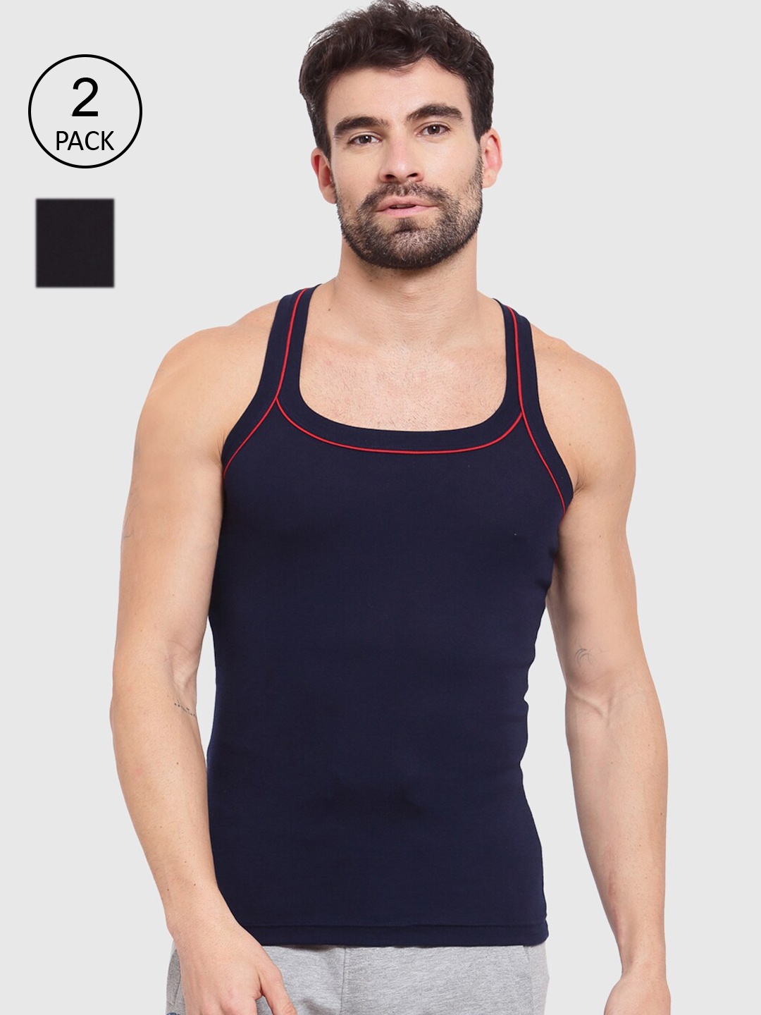 

SPORTO Men Pack Of 2 Black & Navy Blue Solid Cotton Innerwear Gym Vests