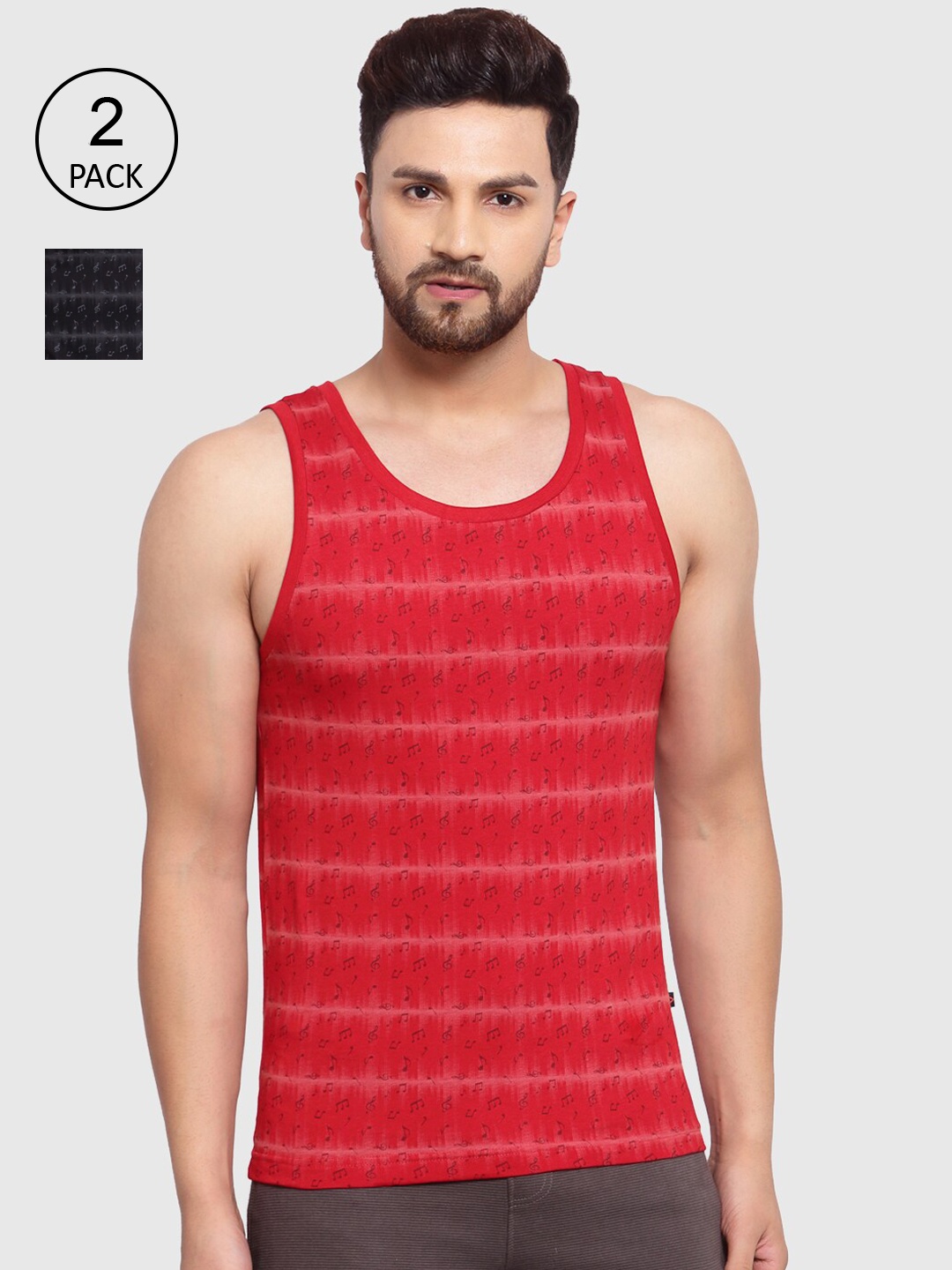 

SPORTO Men Pack of 2 Printed Cotton Innerwear Gym Vests, Red