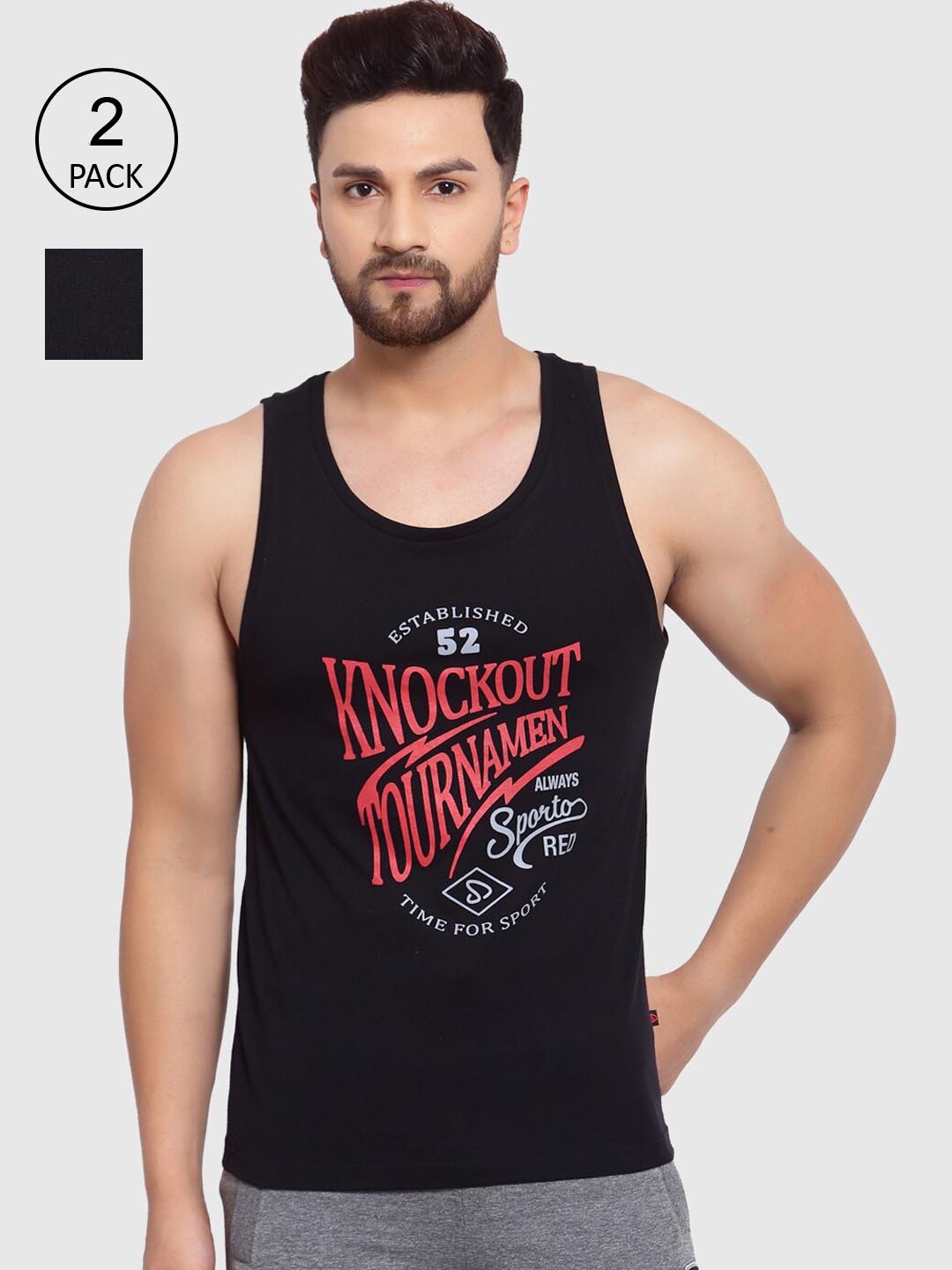 

SPORTO Men Pack of 2 Printed Cotton Innerwear Vests, Black