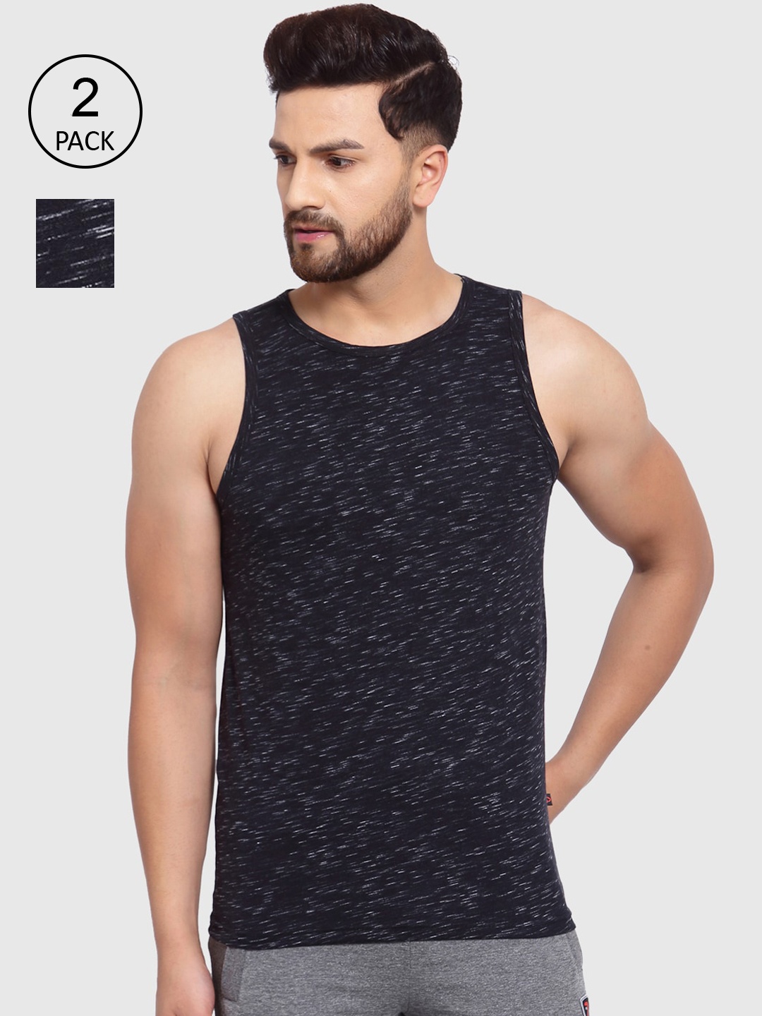 

SPORTO Men Pack of 2 Solid Cotton Innerwear Gym Vests, Black