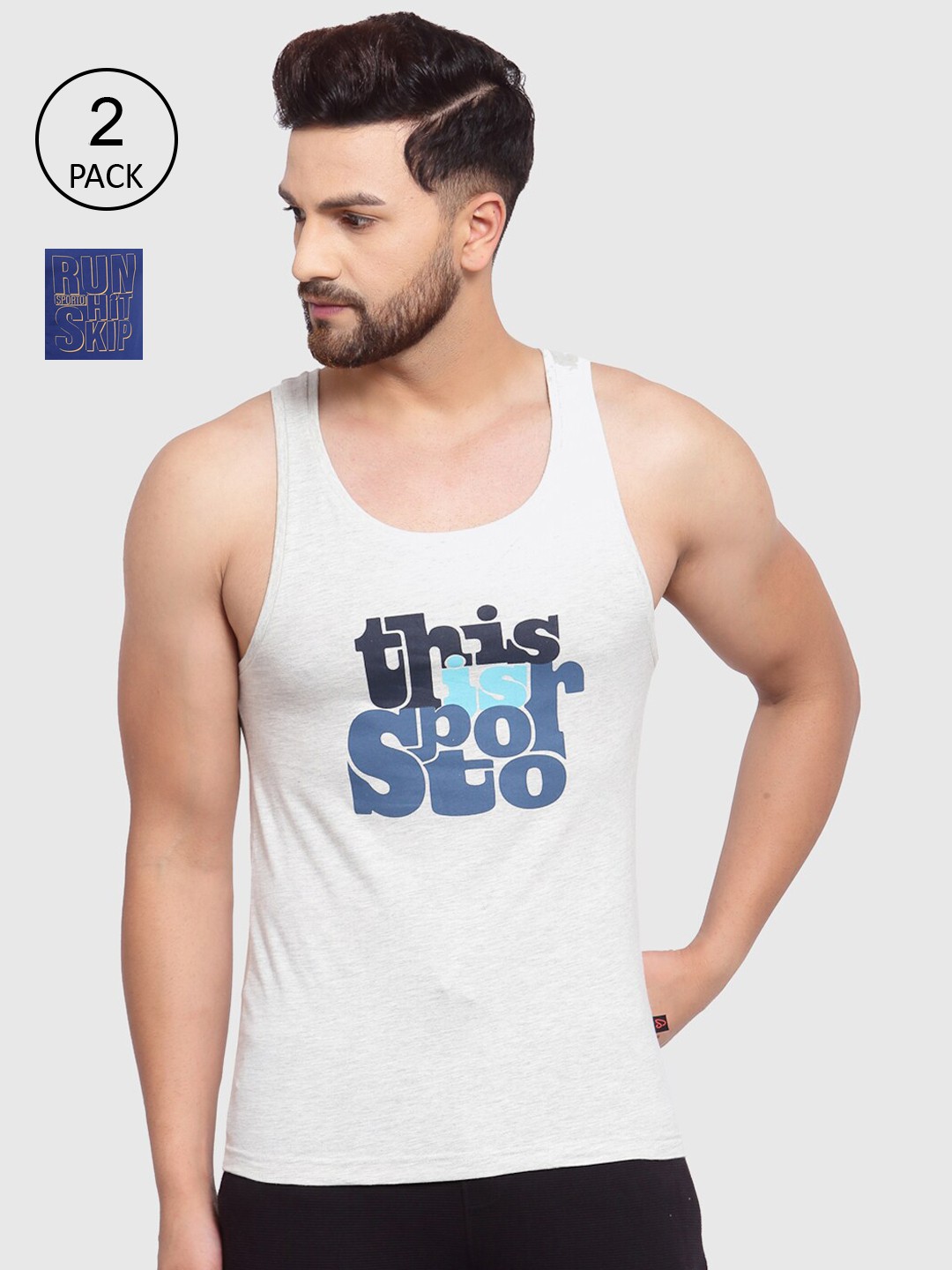 

SPORTO Men Pack of 2 Printed Cotton Innerwear Gym Vests, Blue