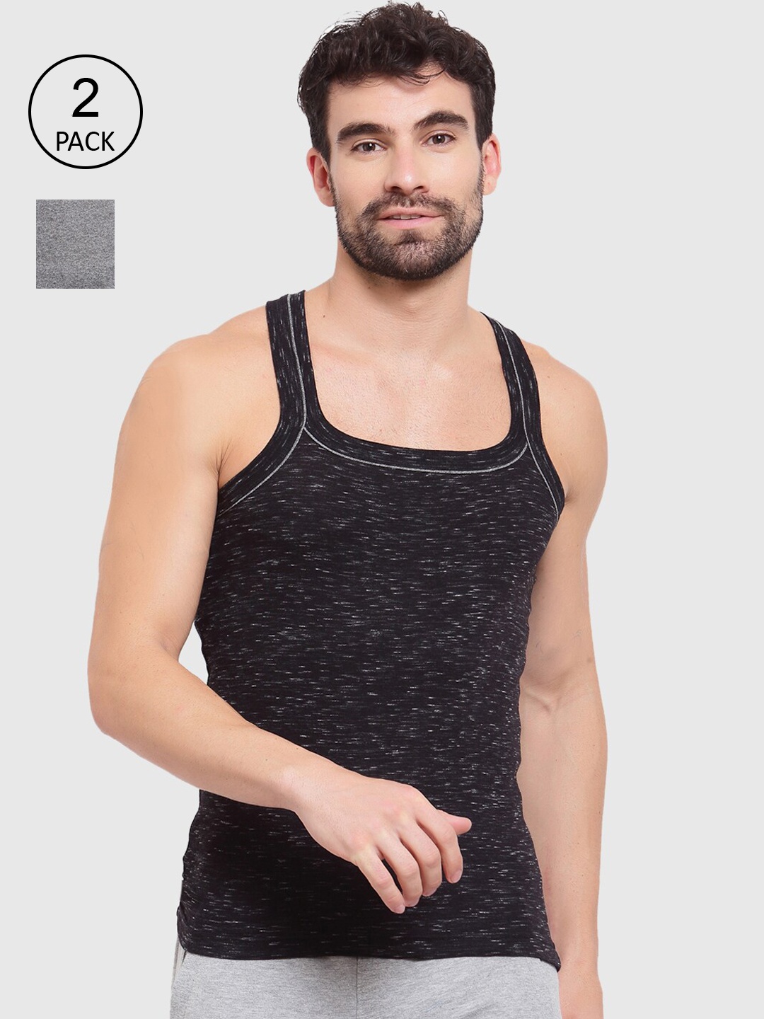 

SPORTO Men Pack of 2 Solid Cotton Innerwear Vests, Black