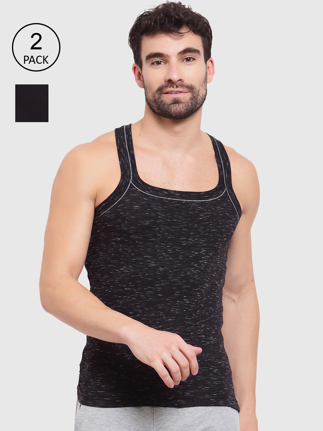 

SPORTO Men Pack of 2 Solid Cotton Innerwear Gym Vests, Black