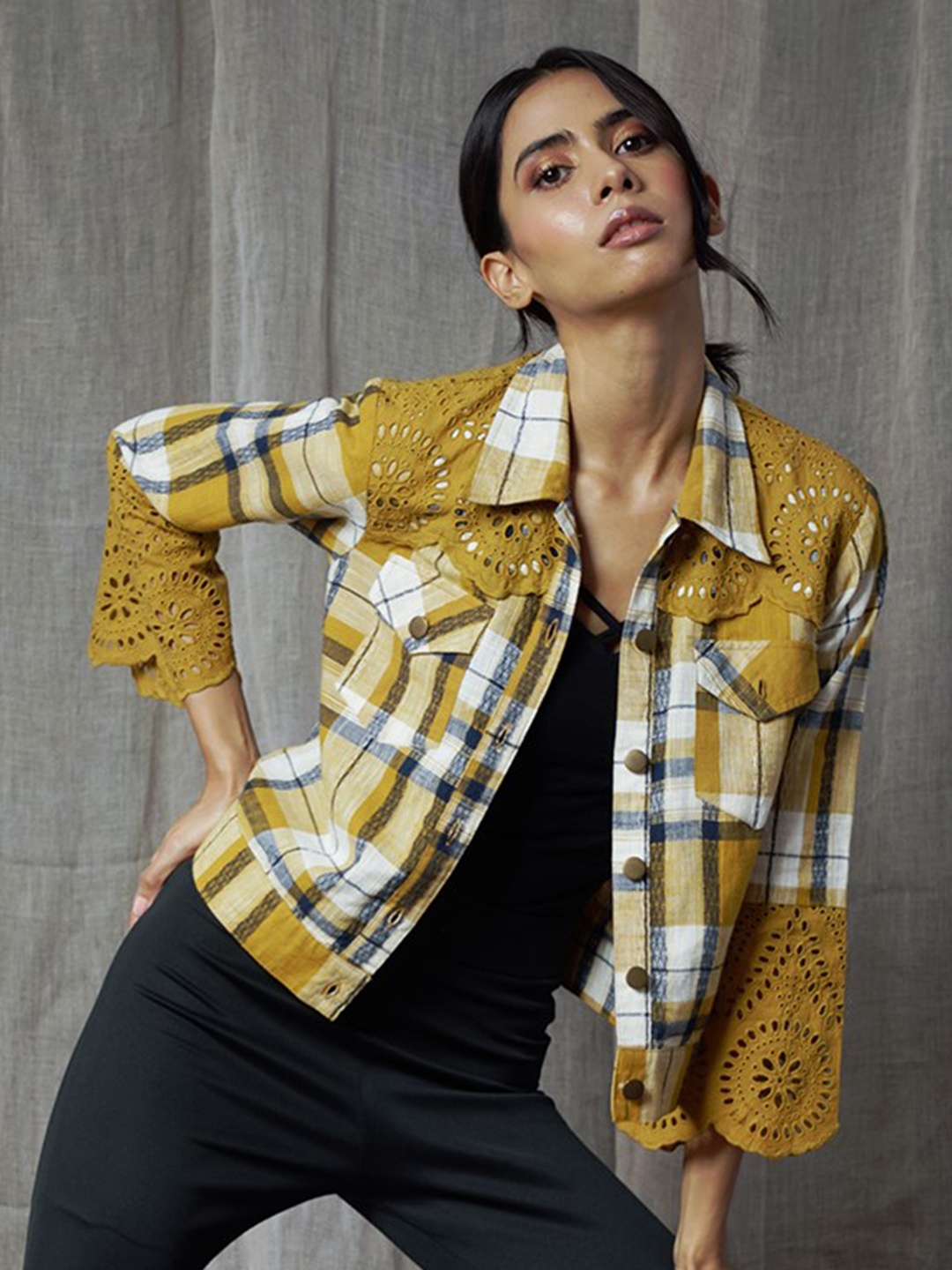 

Taurus Women Mustard White Checked Outdoor Cotton Tailored Jacket