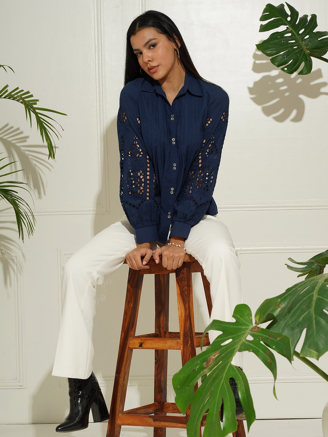 

Taurus Women Navy Blue Casual Cotton Shirt
