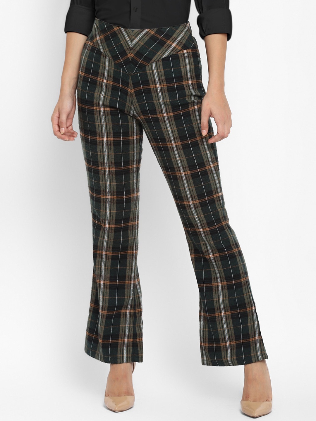 

Taurus Women Green Checked Flared Trousers