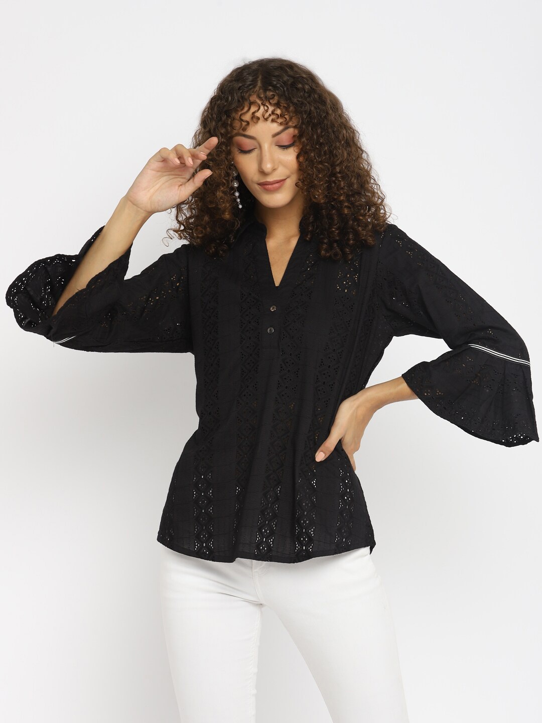

Taurus Women Black Schiffli Shirt Style Top