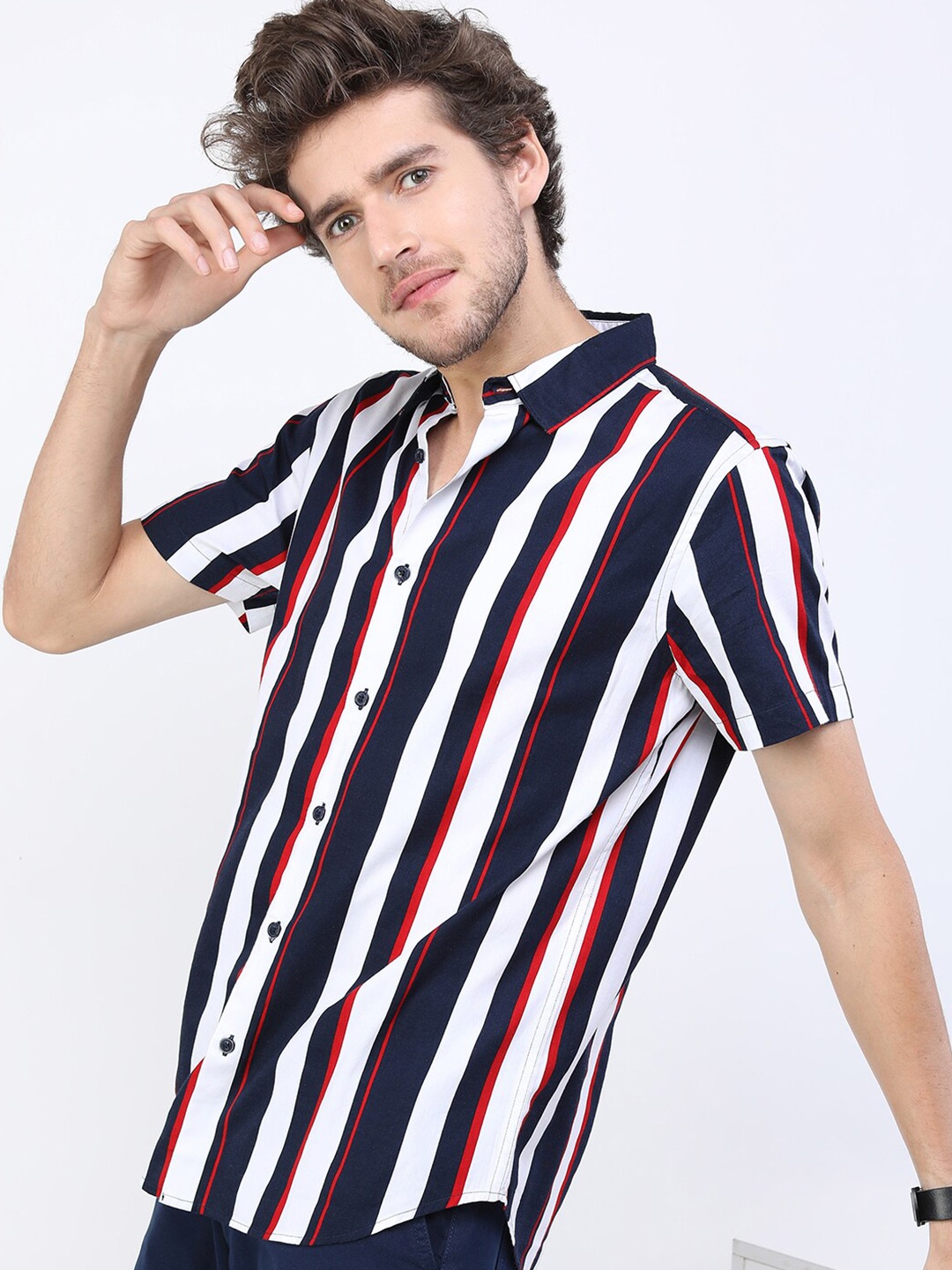 

KETCH Men Navy Blue Slim Fit Striped Cotton Casual Shirt
