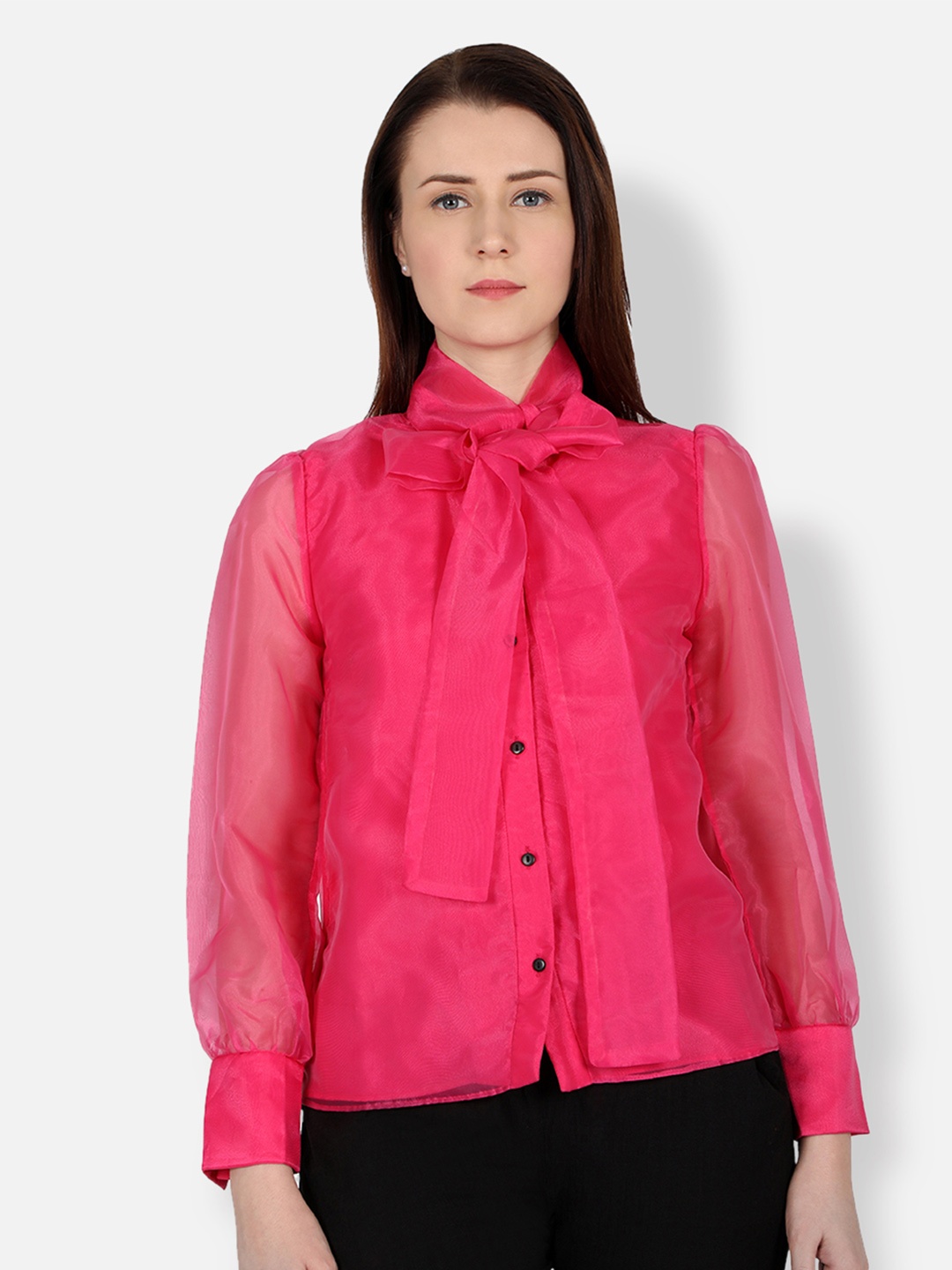 

Ashtag Pink Tie-Up Neck Net Shirt Style Top