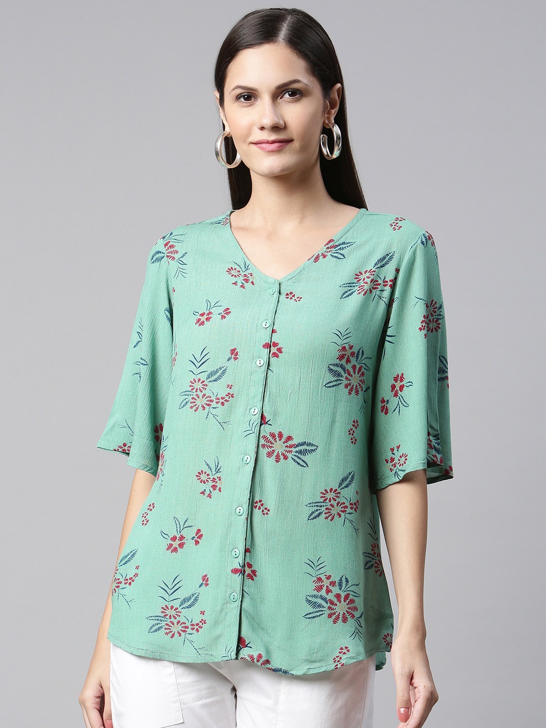 

Ayaany Sea Green & Red Floral Print Top