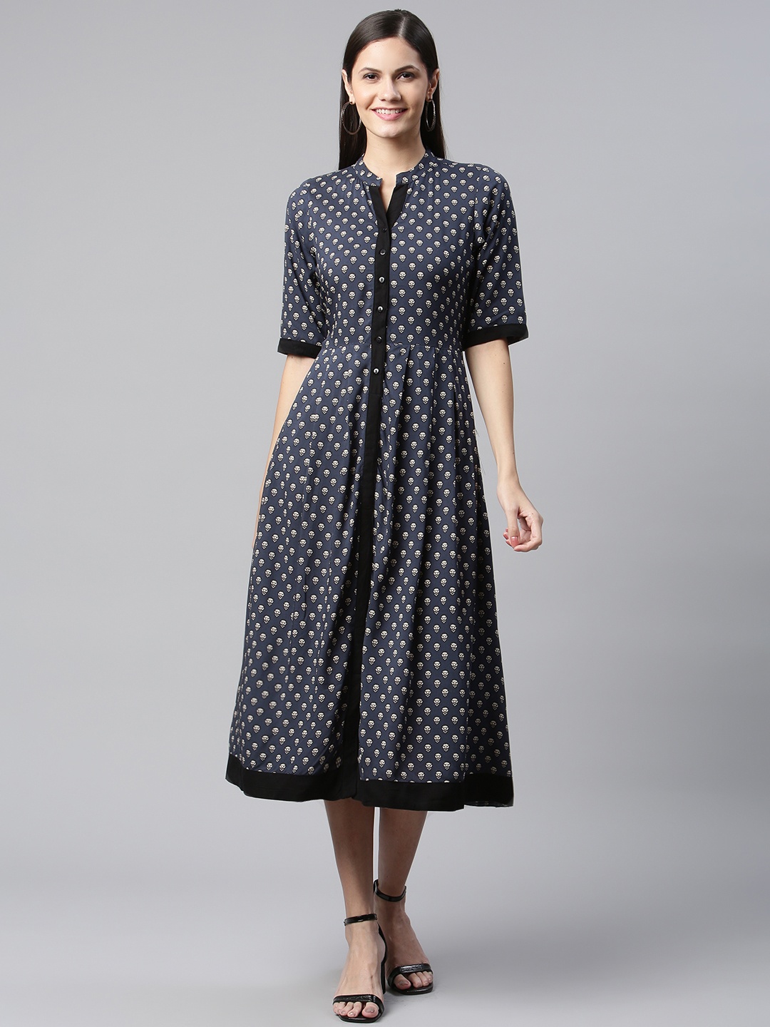 

Ayaany Navy Blue & White Floral Printed A-Line Midi Dress
