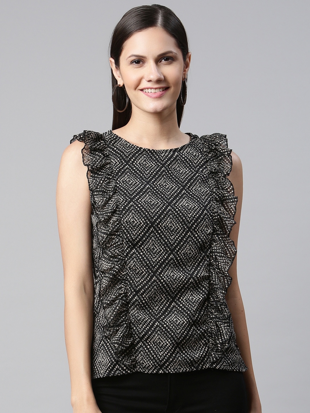 

Ayaany Black & White Geometric Print Ruffles Monochrome Top