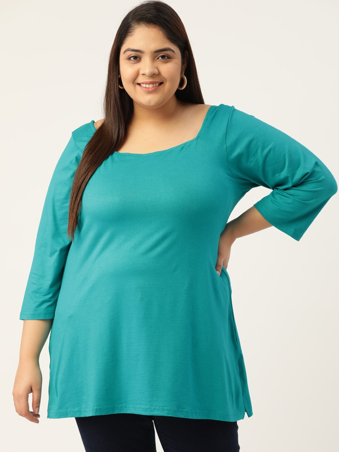 

theRebelinme Women Plus Size Turquoise Blue Solid Regular Top