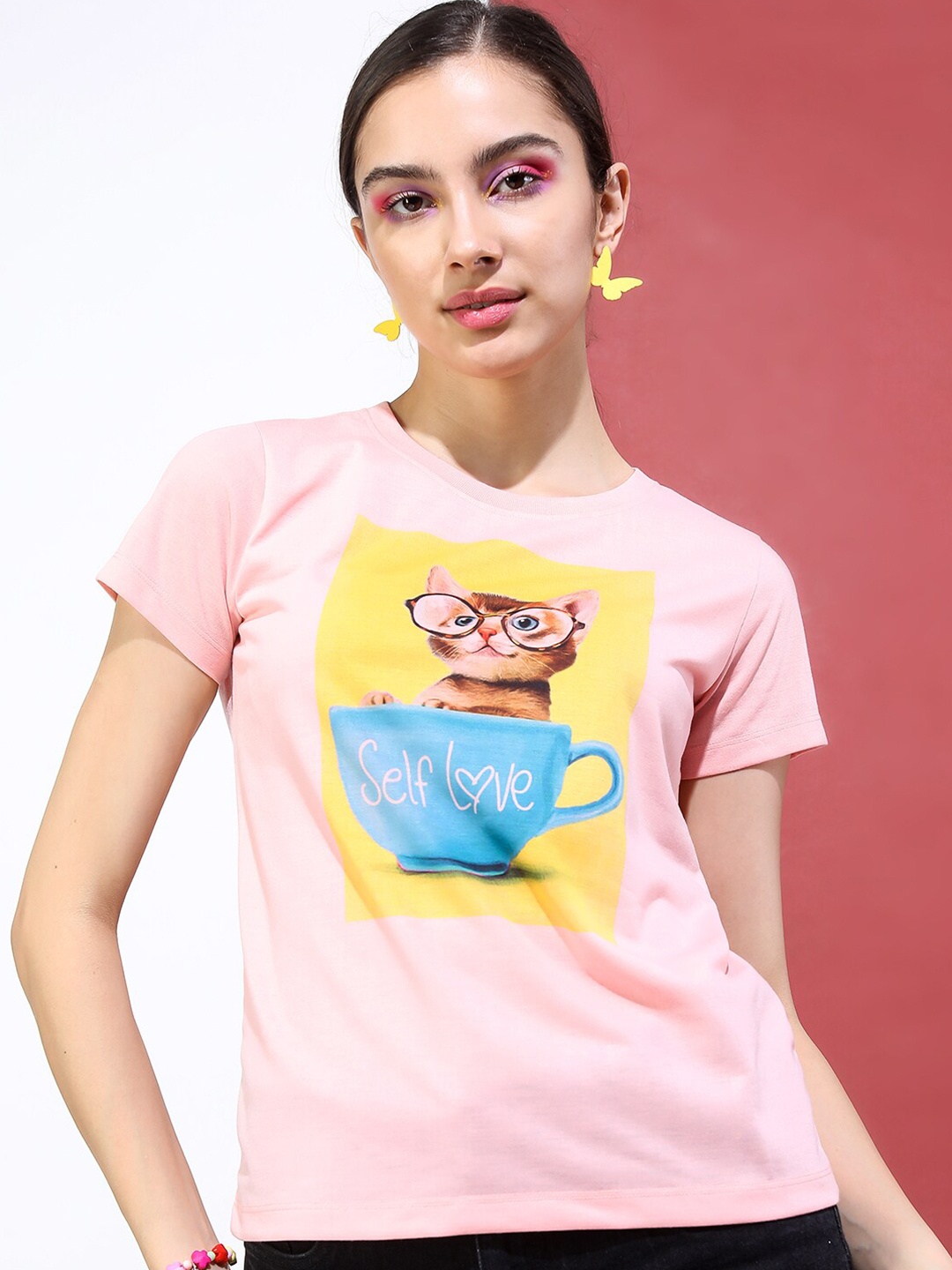 

Tokyo Talkies Women Pink Printed Slim Fit T-shirt