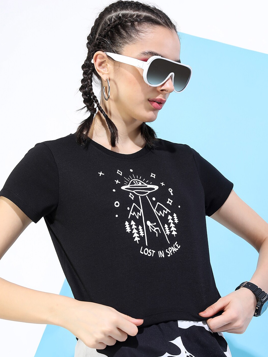 

Tokyo Talkies Women Black Printed V-Neck Slim Fit T-shirt