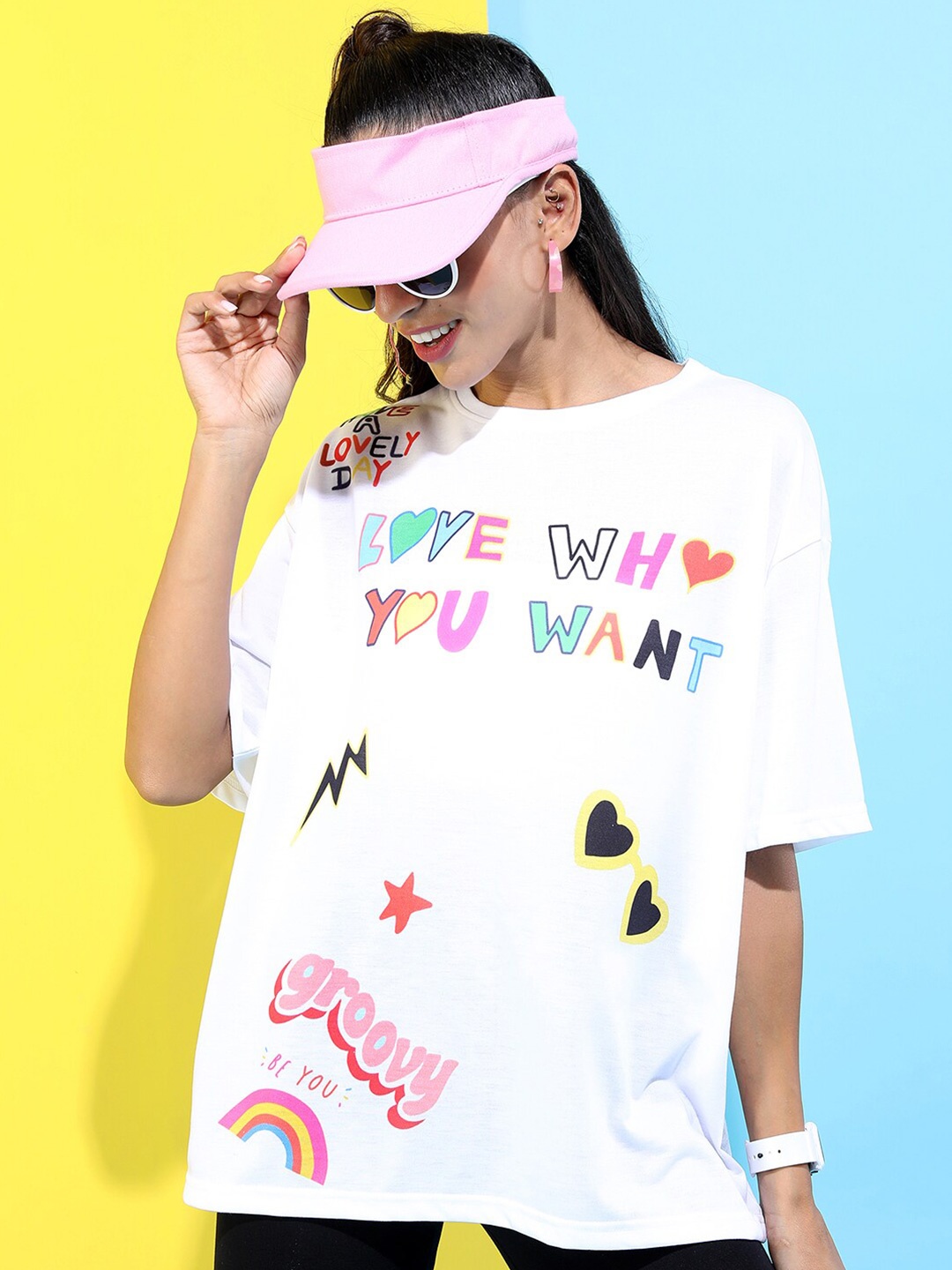 

Tokyo Talkies Women Printed Oversized T-shirt, White