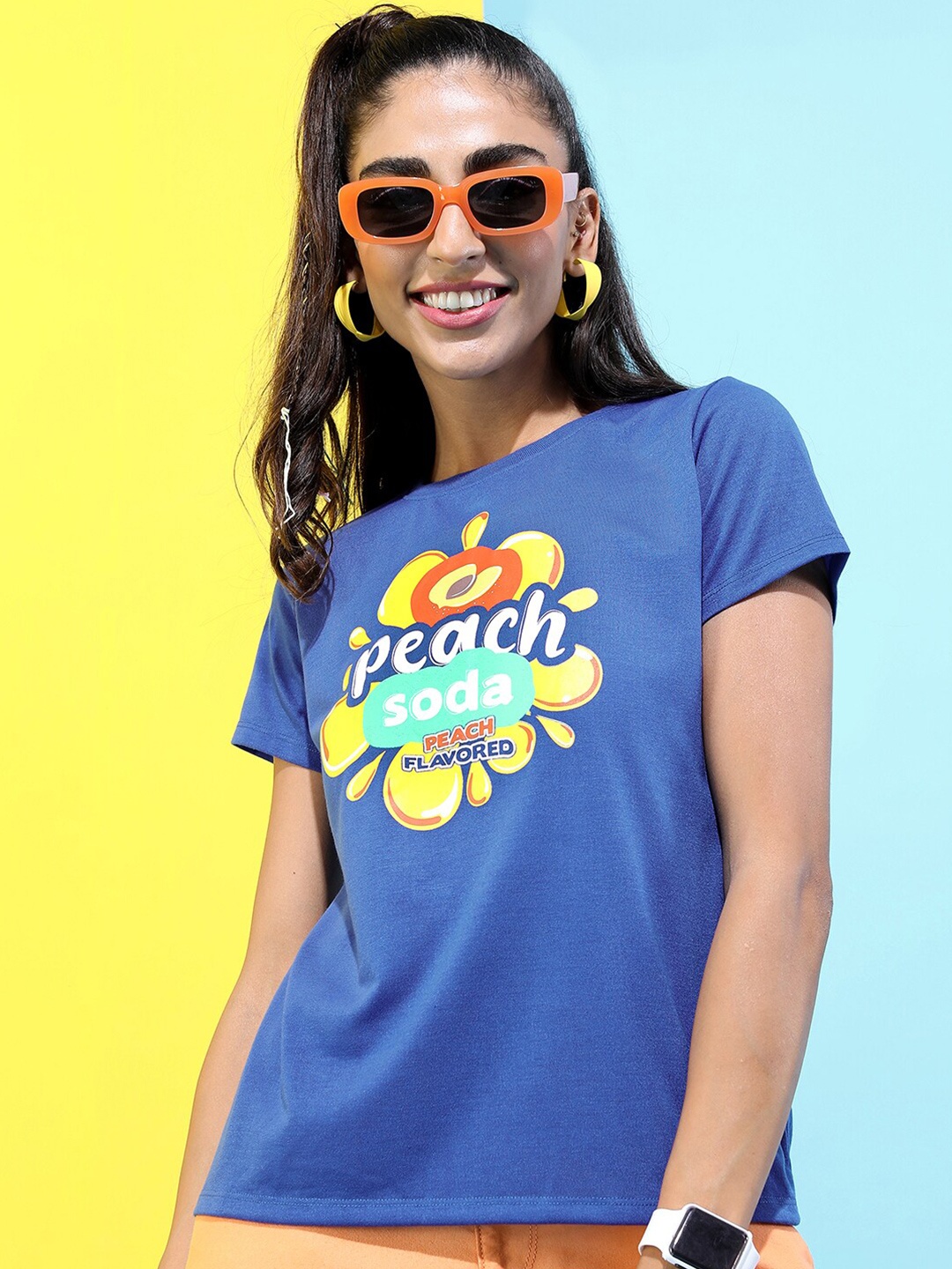

Tokyo Talkies Women Blue Printed Slim Fit T-shirt