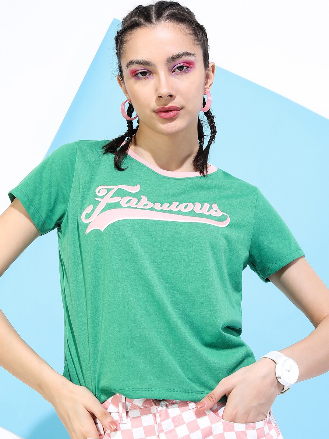 

Tokyo Talkies Women Green Typography Printed Slim Fit T-shirt