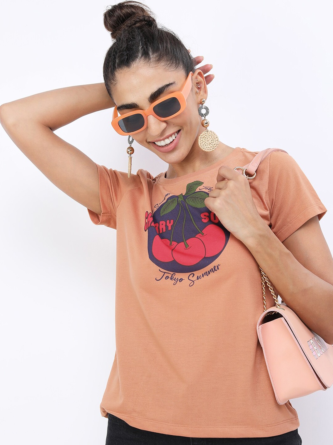 

Tokyo Talkies Women Peach-Coloured Typography Printed Slim Fit T-shirt