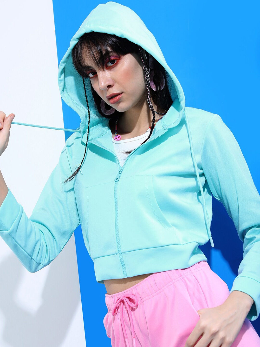 

Tokyo Talkies Women Turquoise Blue Hooded Sweatshirt