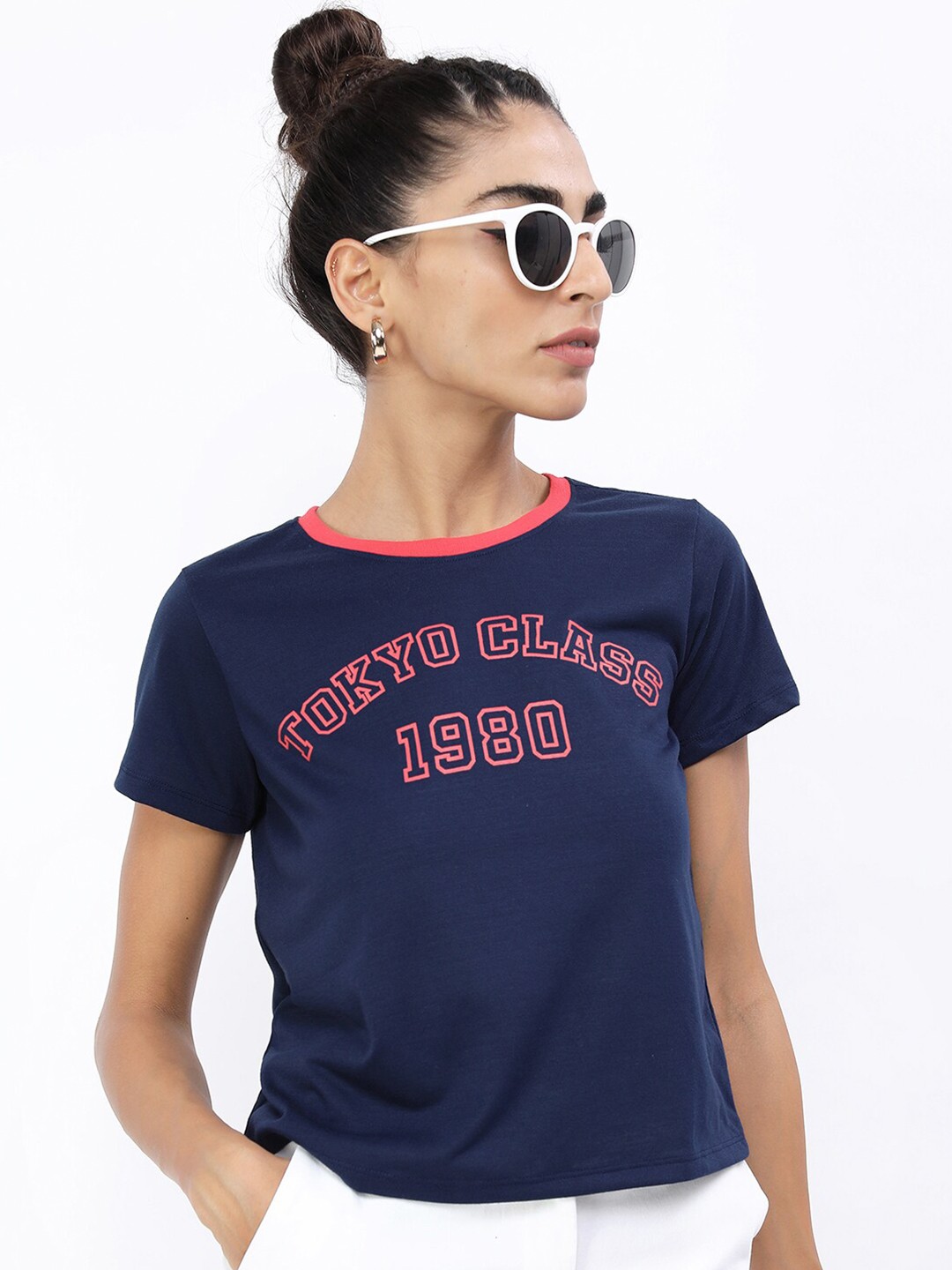 

Tokyo Talkies Women Navy Blue Typography Printed Slim Fit T-shirt