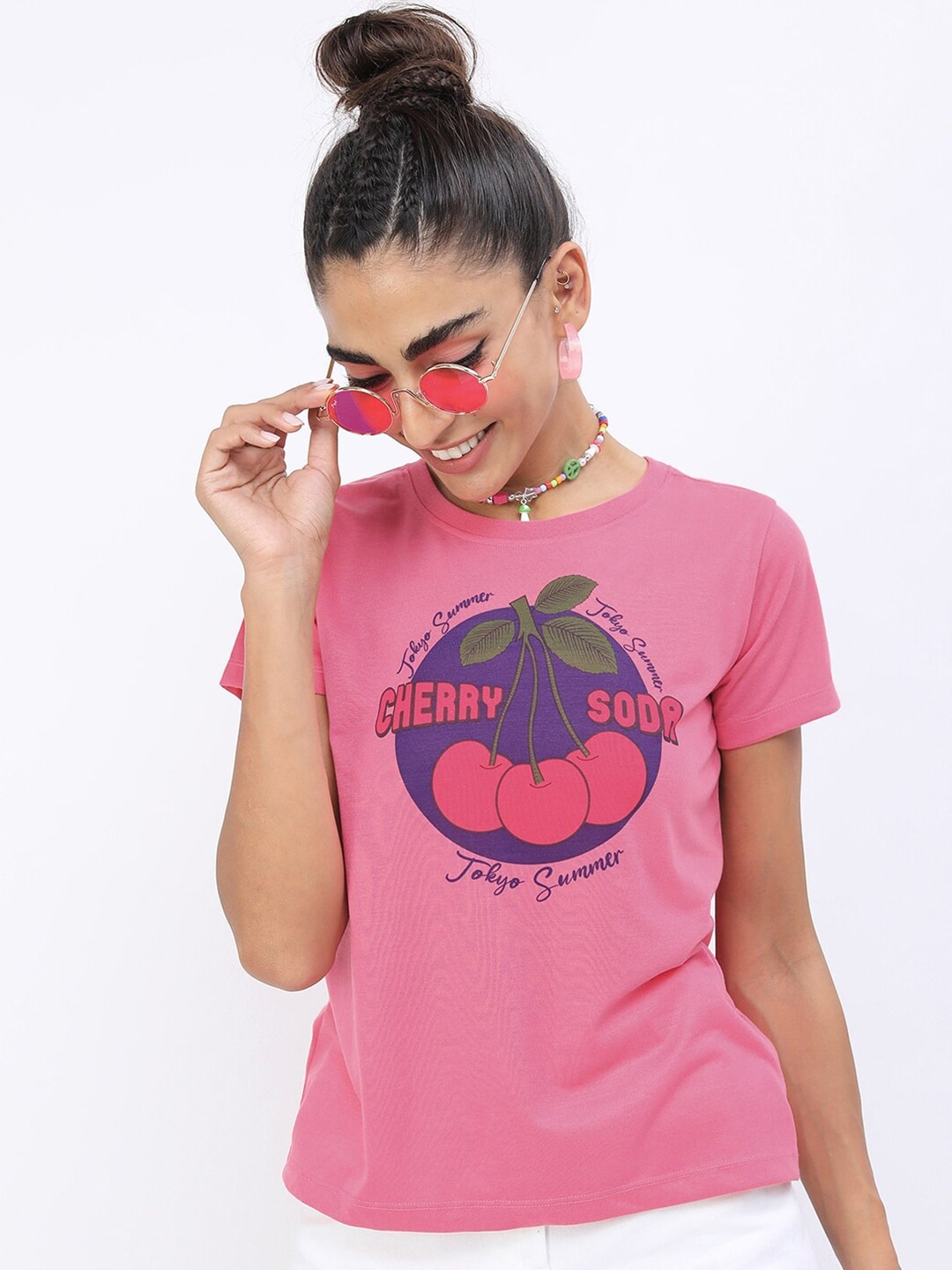 

Tokyo Talkies Women Pink Printed Slim Fit T-shirt