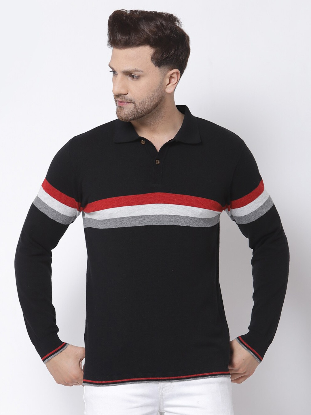 

Kalt Men Black Striped Polo Collar T-shirt