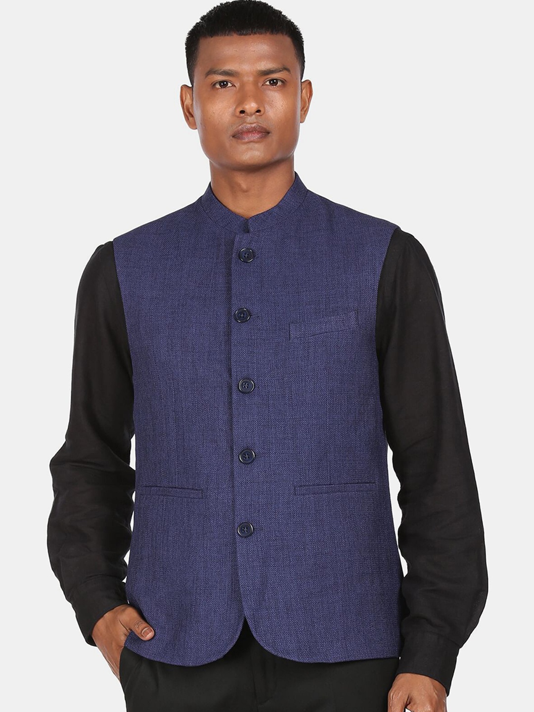 

Arrow Men Blue Solid Nehru Jacket