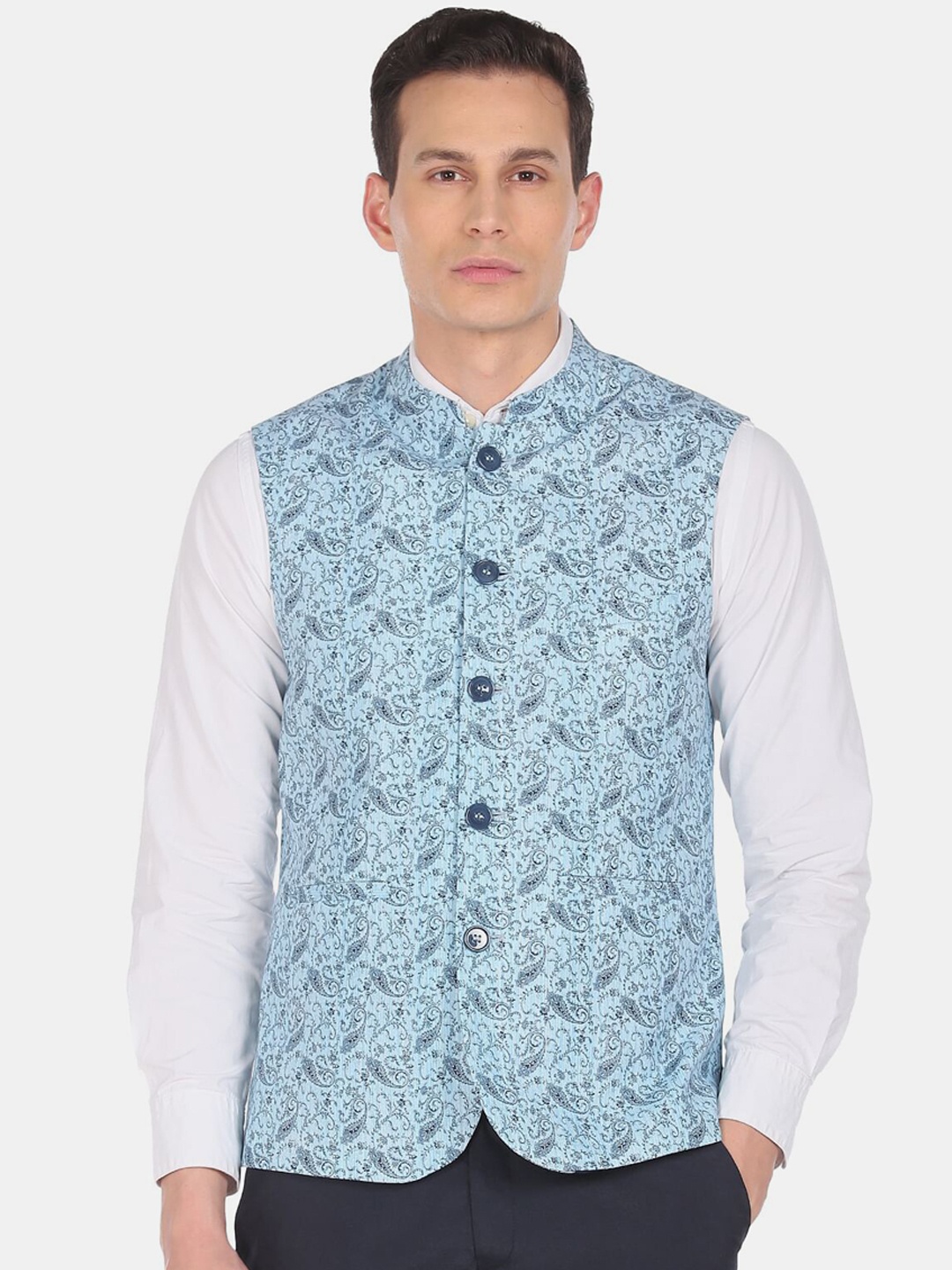 

Arrow Men Turquoise Blue Printed Cotton Nehru Jacket