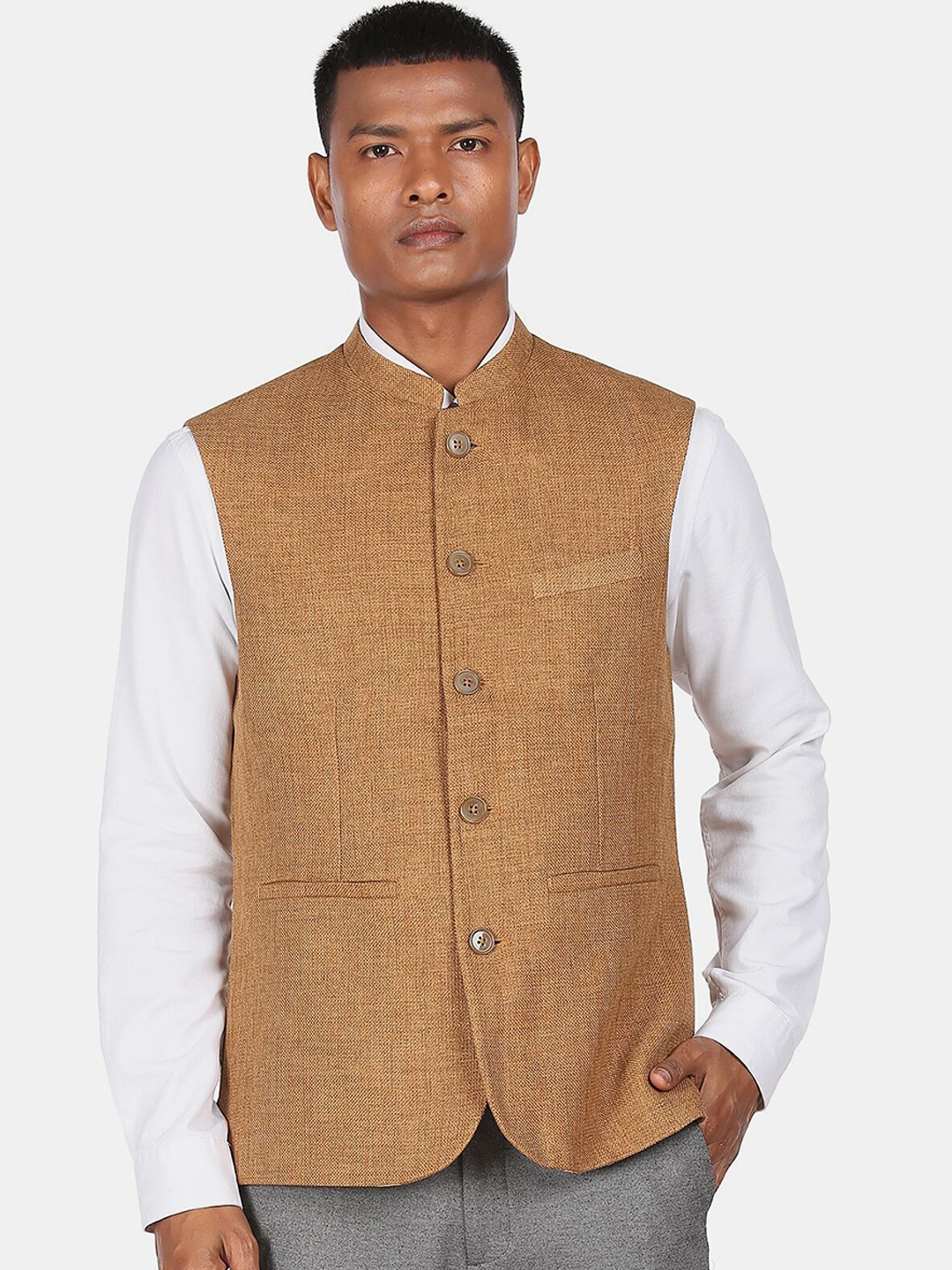 

Arrow Men Khaki Mandarin Collar Solid Nehru Jacket