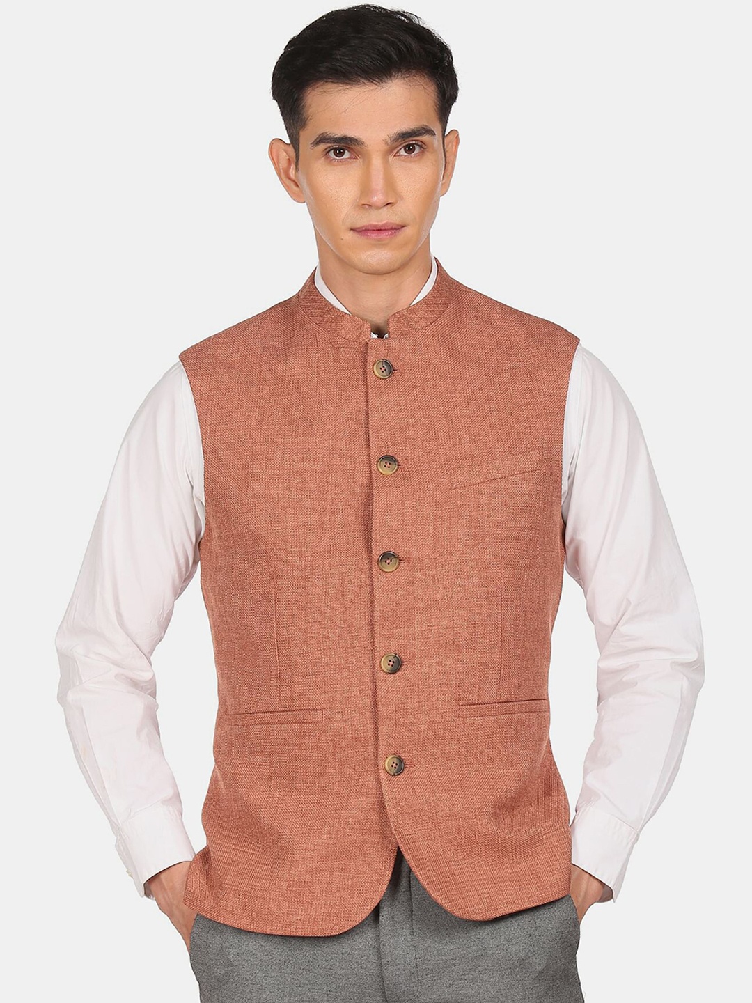 

Arrow Men Rust Mandarin Collar Textured Nehru Jacket