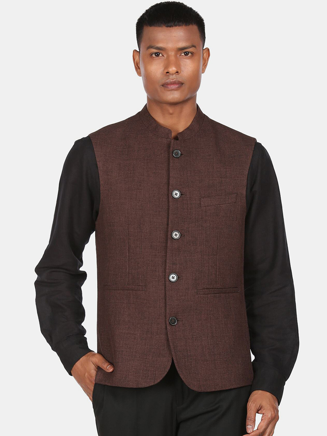 

Arrow Men Brown Textured Nehru Jacket