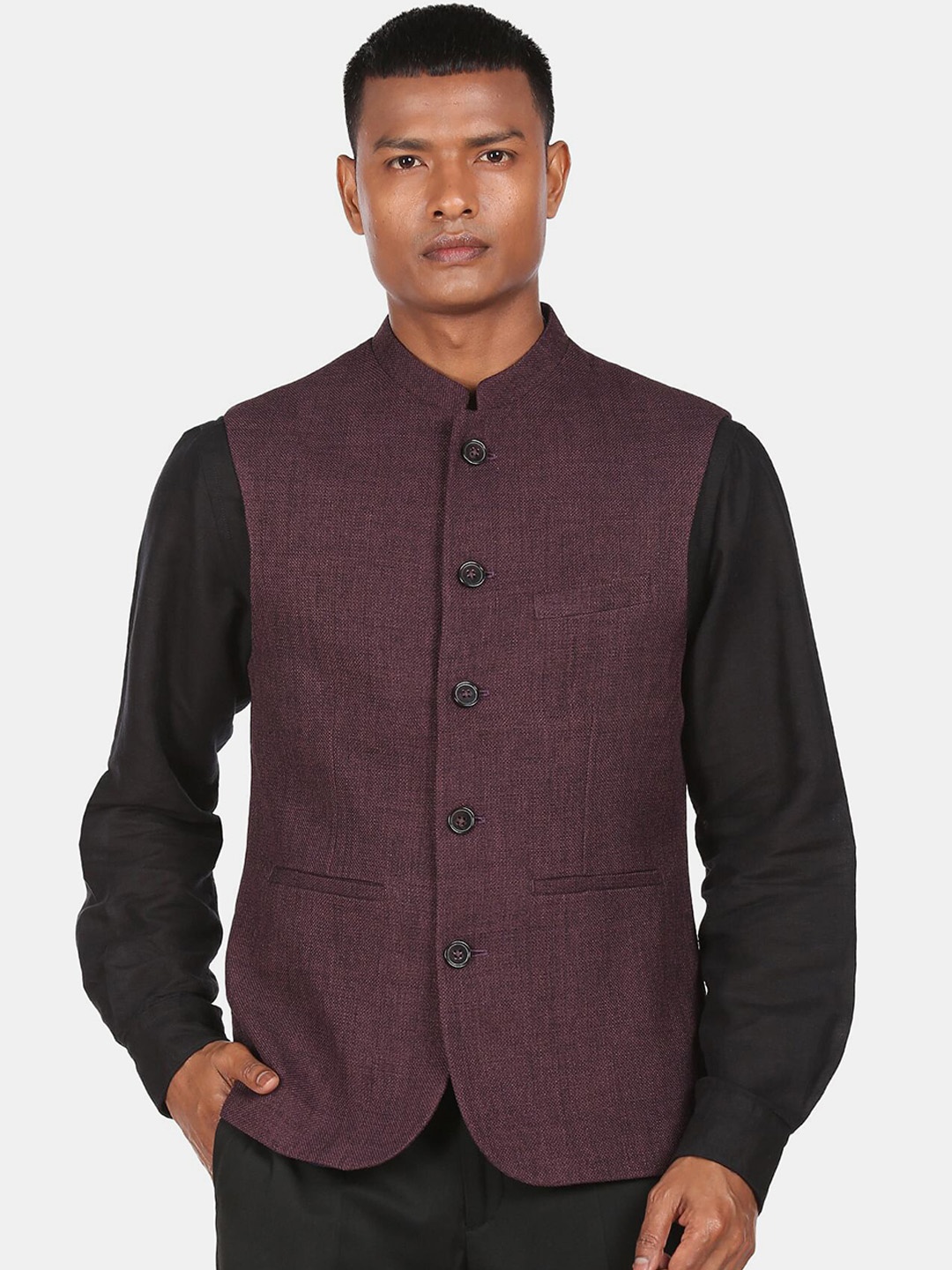 

Arrow Men Burgundy Textured Nehru Jacket