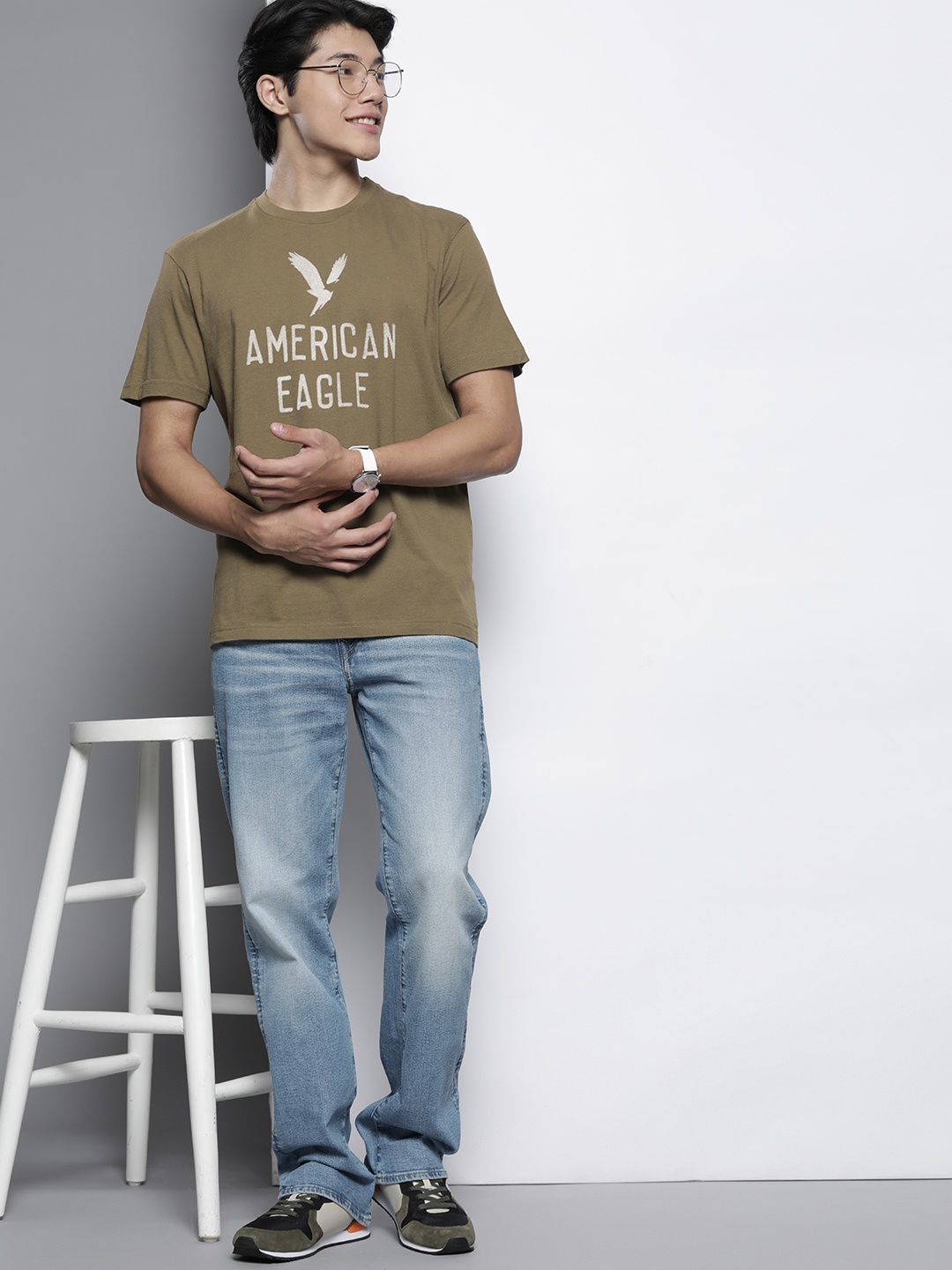 

AMERICAN EAGLE OUTFITTERS Men Olive Green & White Brand Logo Printed Pure Cotton T-shirt