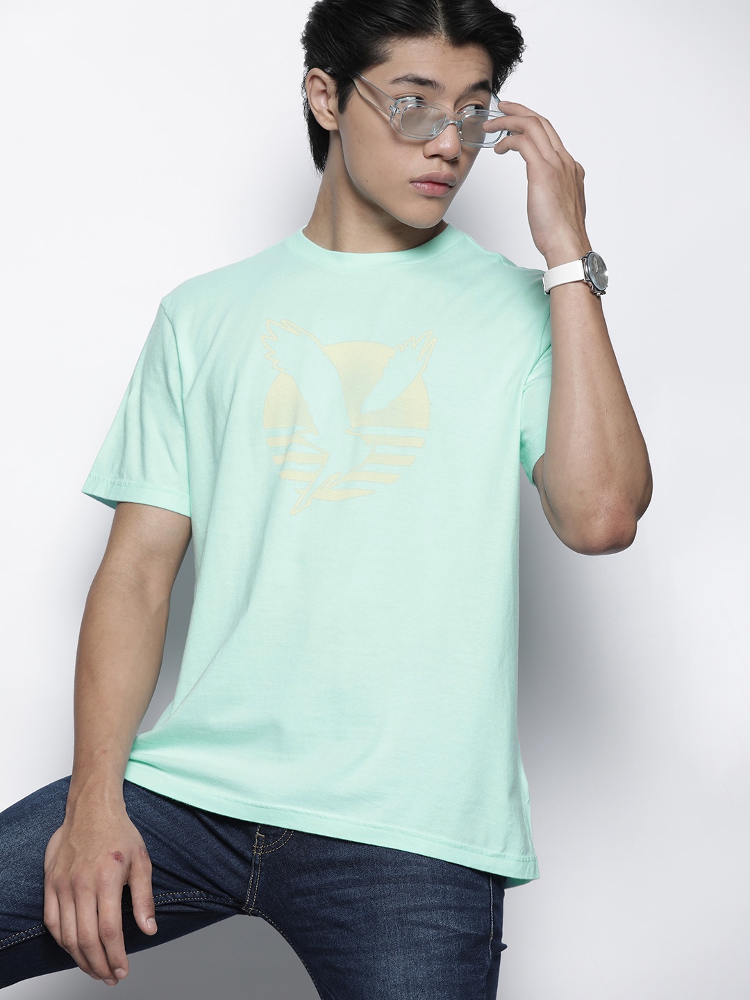 

AMERICAN EAGLE OUTFITTERS Men Sea Green & Yellow Printed Pure Cotton T-shirt