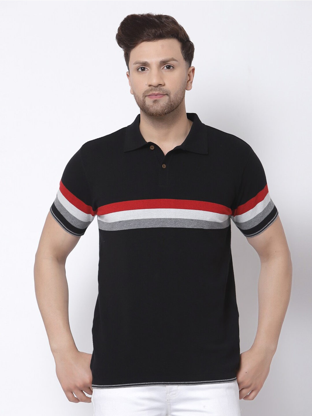 

Kalt Men Maroon Striped Polo Collar T-shirt