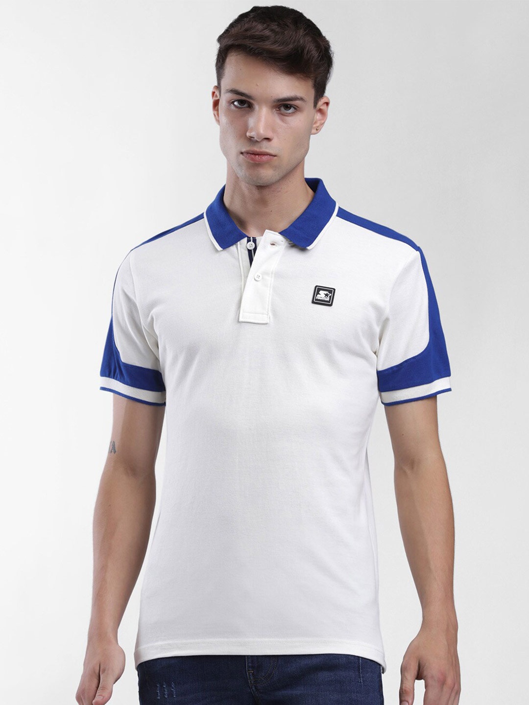 

STARTER Men White & Blue Colourblocked Polo Collar T-shirt