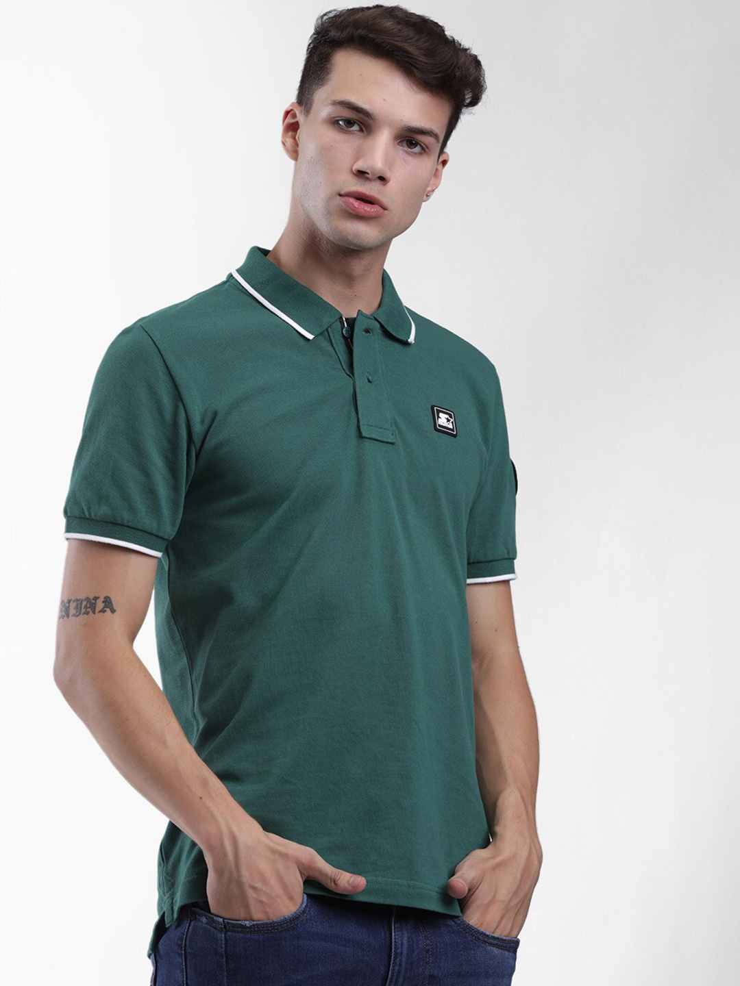 

STARTER Men Green Polo Collar Applique T-shirt