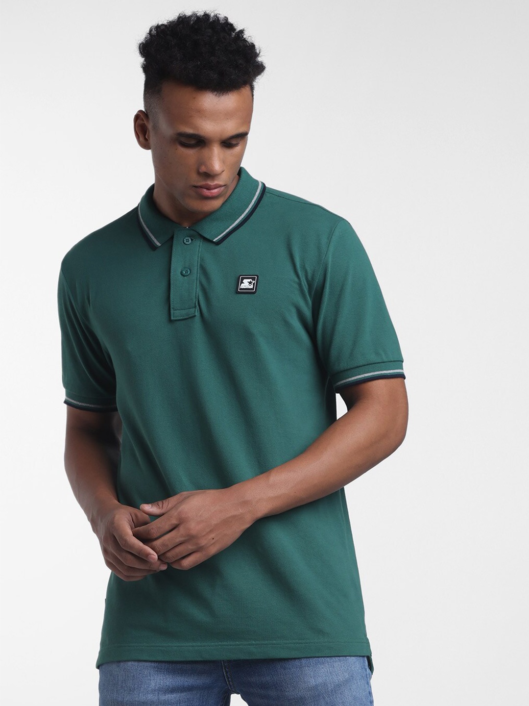 

STARTER Men Green Polo Collar Pure Cotton T-shirt